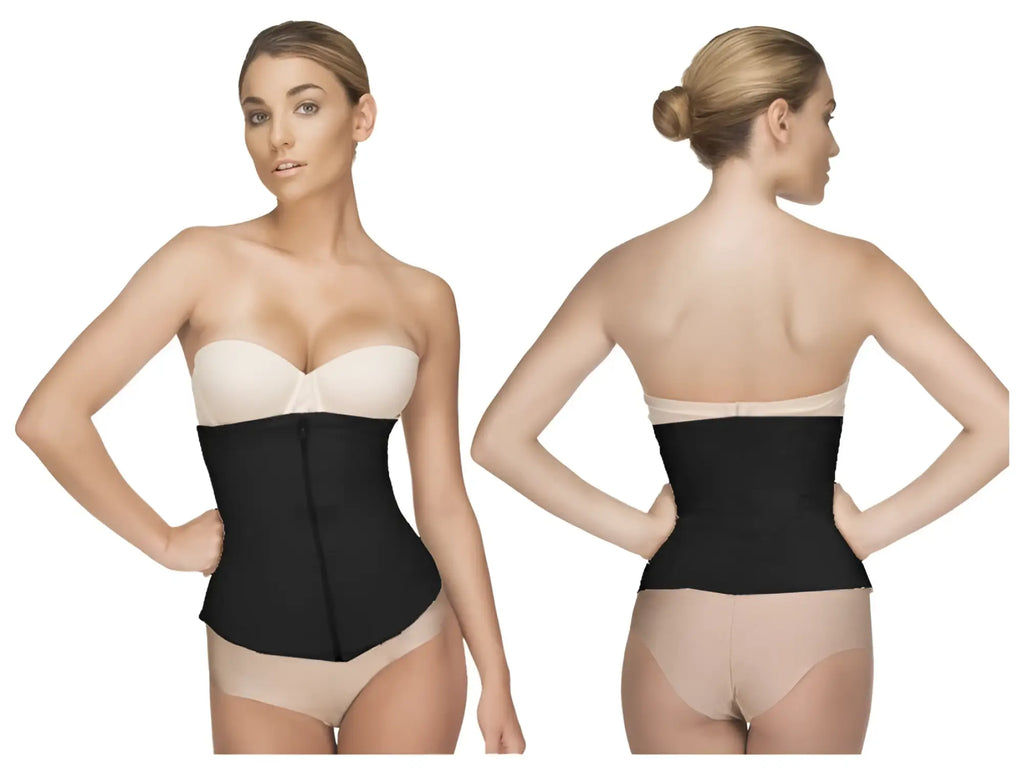 Black vedette 403 gigi waist cincher with front zipper and beige underbust panel for waist shaping