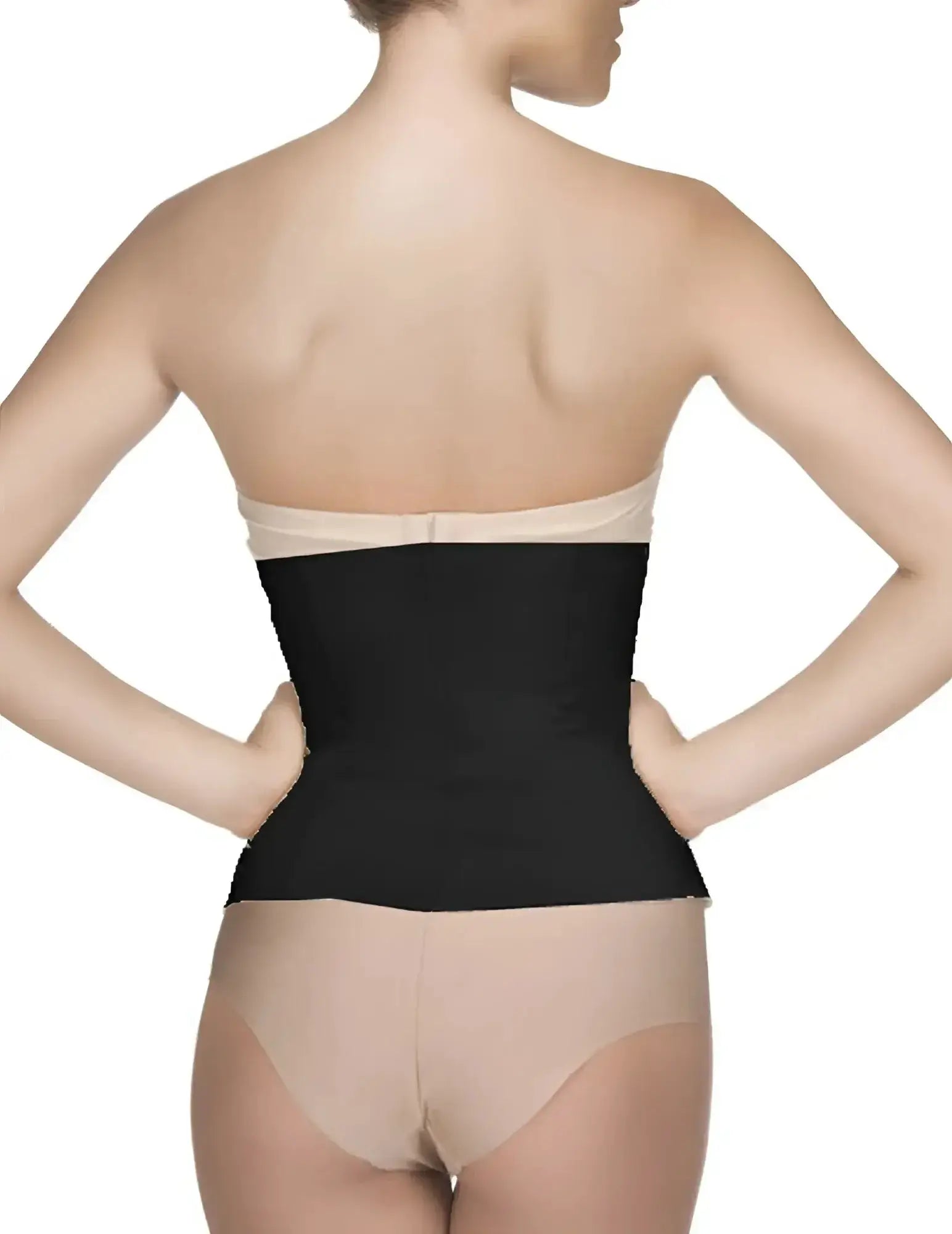 Black vedette 403 gigi waist cincher with zipper featuring elastic waist trainer belt and beige trim