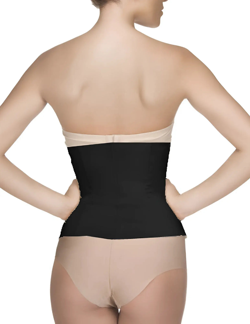 Black vedette 403 gigi waist cincher with zipper featuring elastic waist trainer belt and beige trim