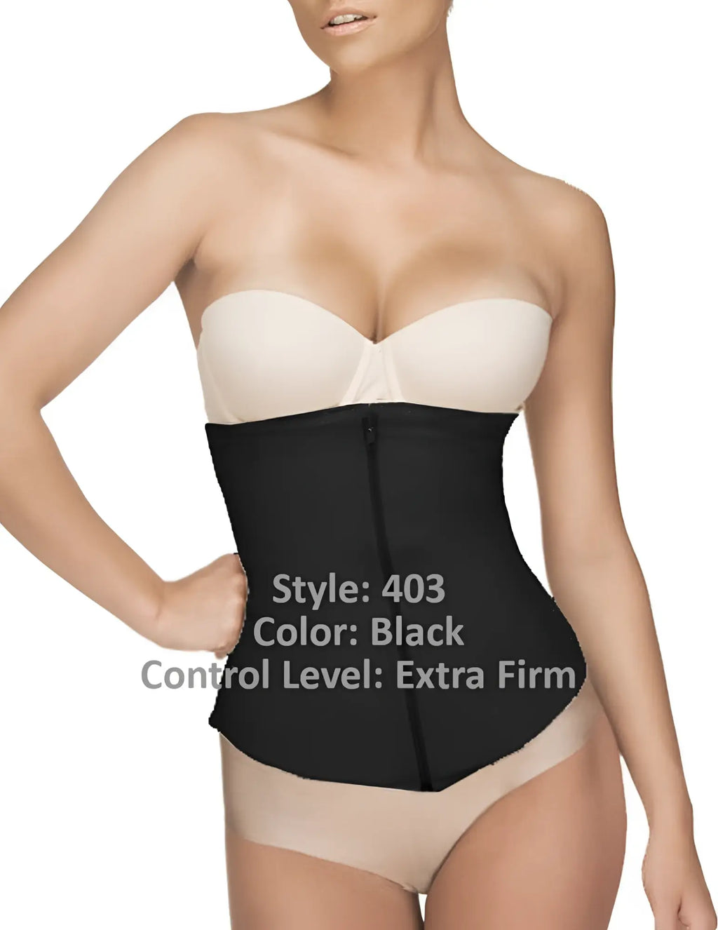 Vedette 403 Gigi waist cincher in black with central zipper and smooth extra firm form-fitting design