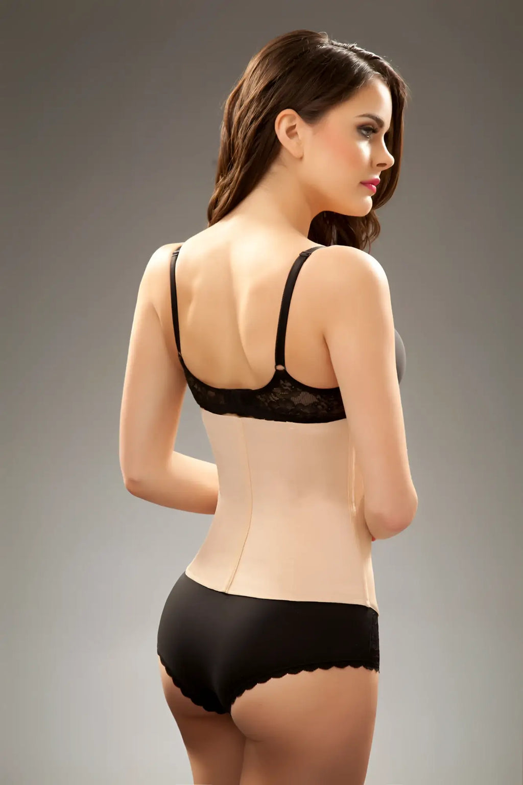 Black lace bra with adjustable straps and seamless form fitting bodice in nude vedette 403 gigi waist cincher with zipper