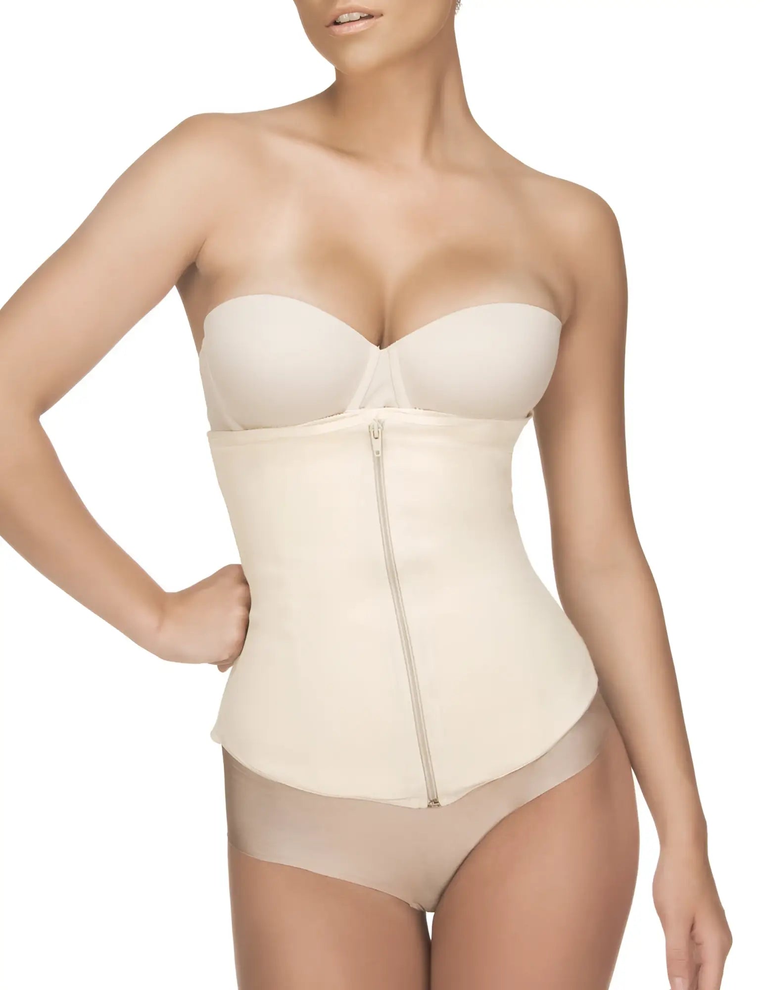 Cream-colored nude vedette 403 gigi seamless waist cincher with central zipper and structured design