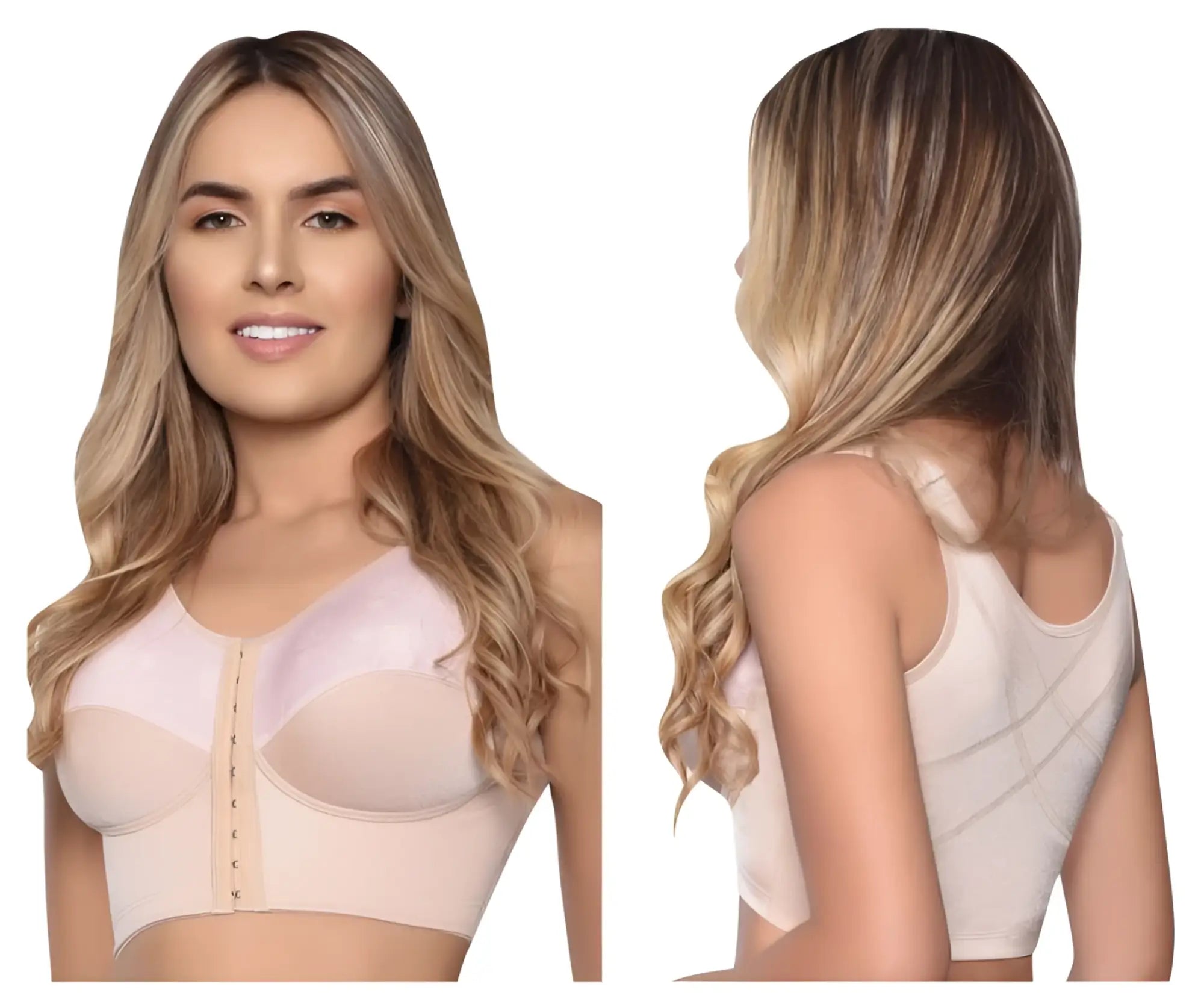 Beige vedette 5083 back-support brassiere with underwire and adjustable side closures in nude color shown from the back