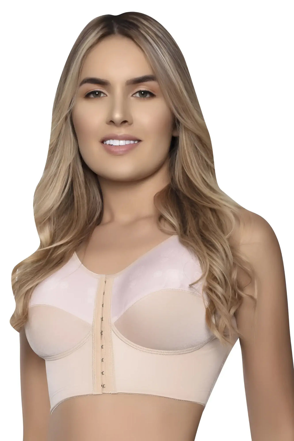 Beige vedette 5083 underwire bra with padded cups and front zipper in nude for back support and comfort