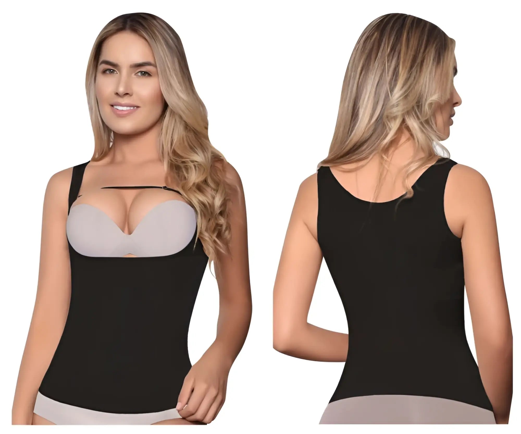 Vedette 5086 firm control tank top in black with a black and gray seamless body shaping design and structured bust panel
