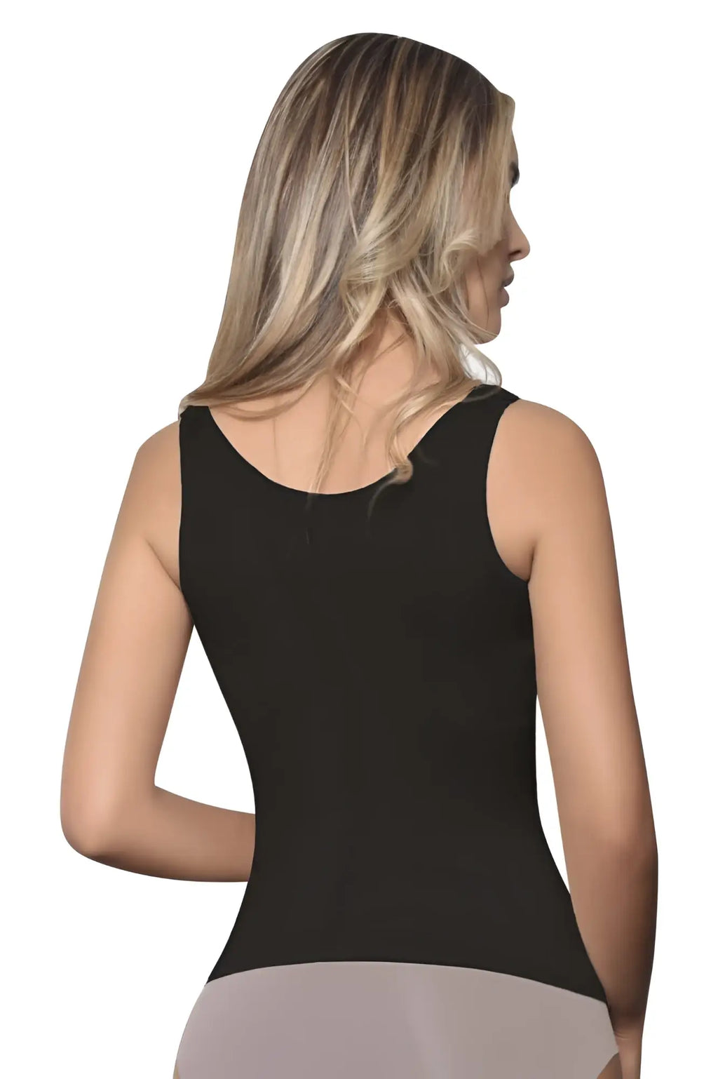 Black vedette 5086 firm control sleeveless tank top with rounded neckline and fitted silhouette for shaping support