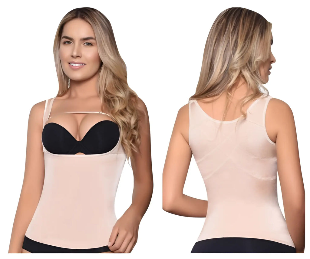 Beige and black vedette 5086 firm control tank-top body shaper with supportive bra insert in nude color