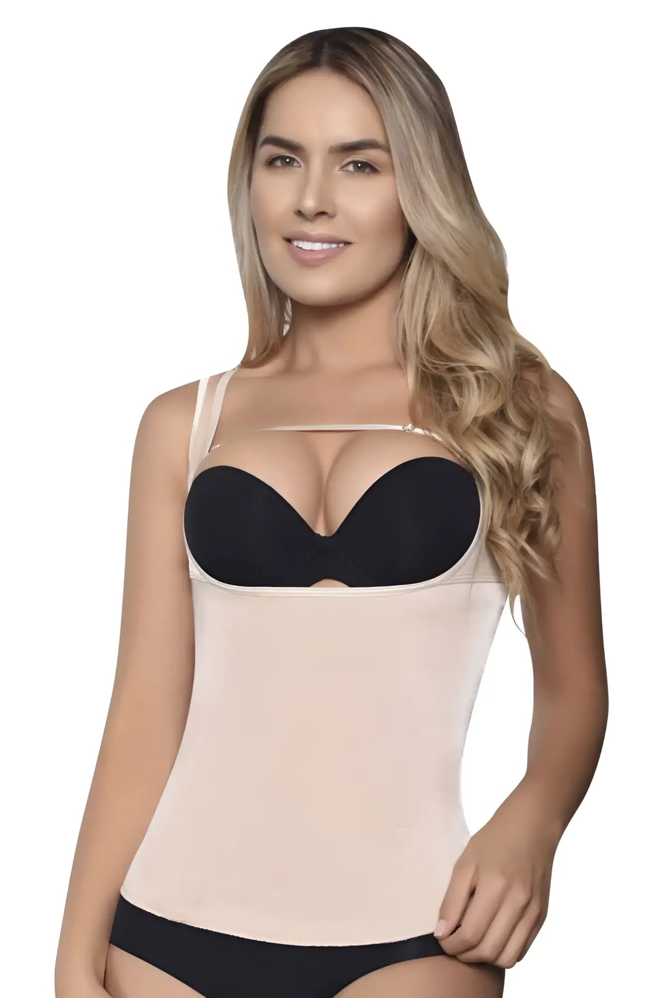 Beige and black underwire bra with adjustable straps from vedette 5086 firm control tank-top in nude color