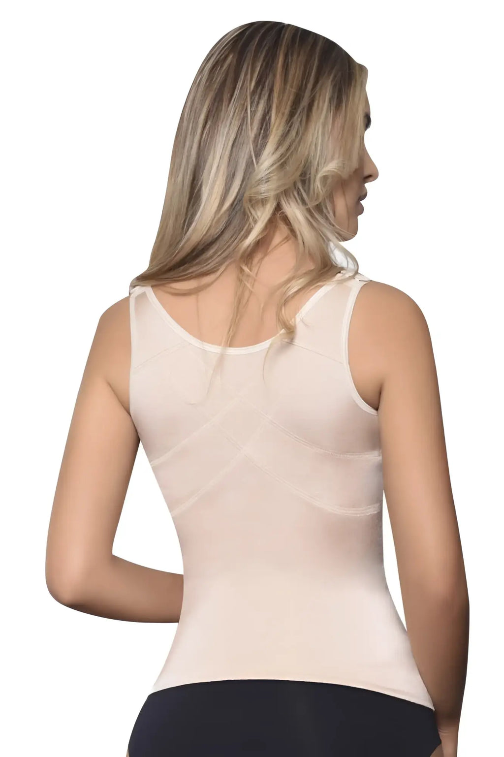 Beige vedette 5086 firm control sleeveless bodycon tank-top with subtle mesh paneling and rounded neckline