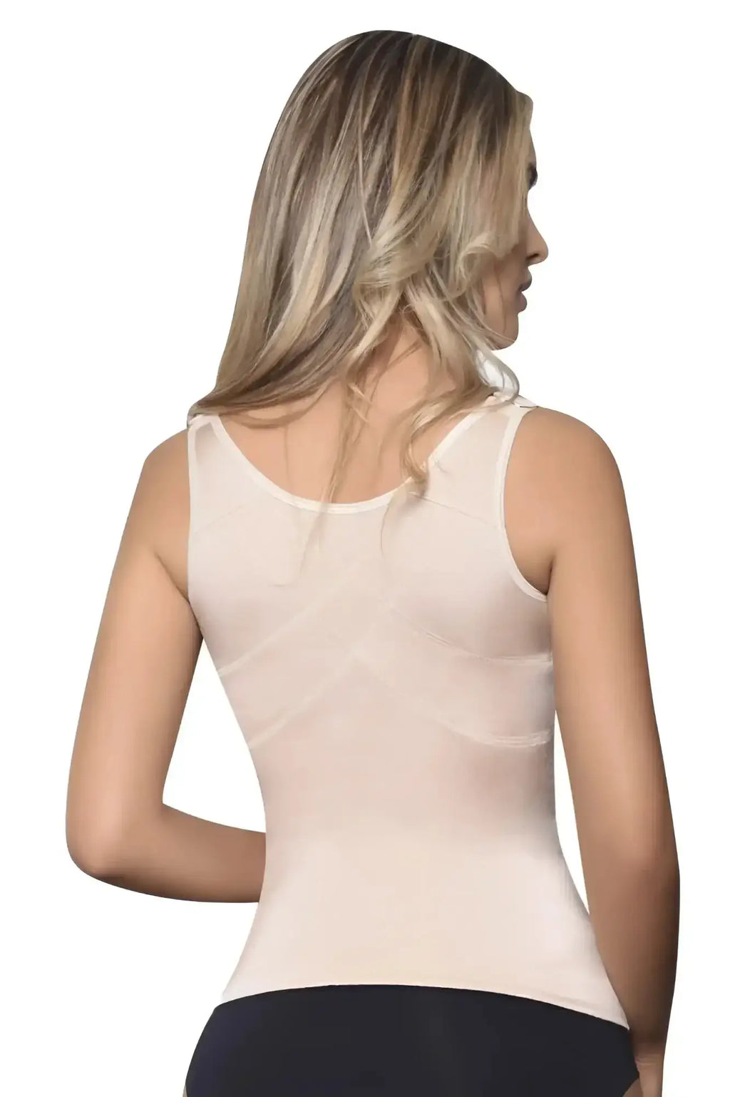 Beige sleeveless vedette 5086 firm control tank top with subtle mesh paneling and rounded neckline color nude