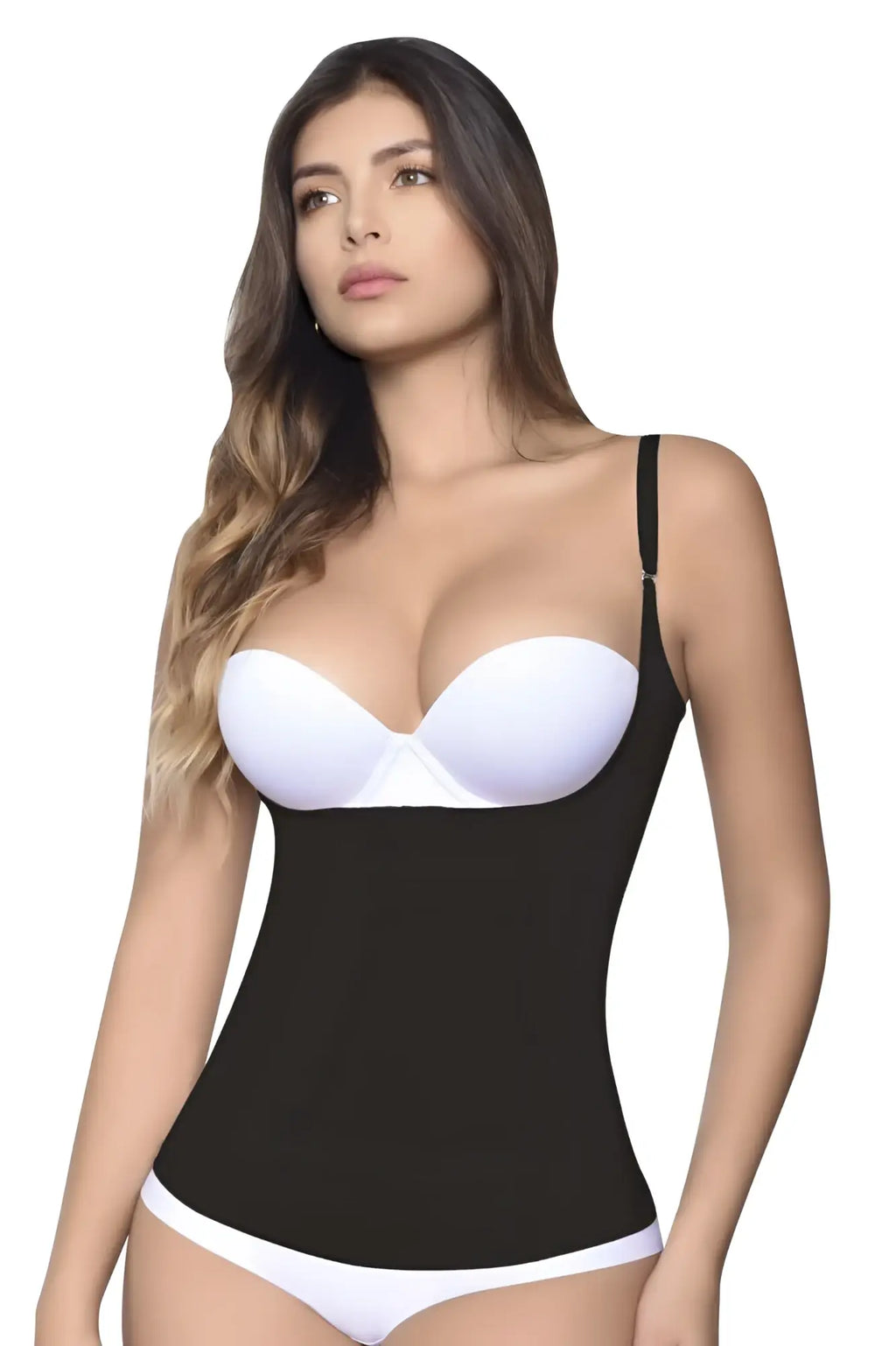 Black and white vedette 5087 firm control tank-top body shaper with seamless design thin straps and fitted silhouette