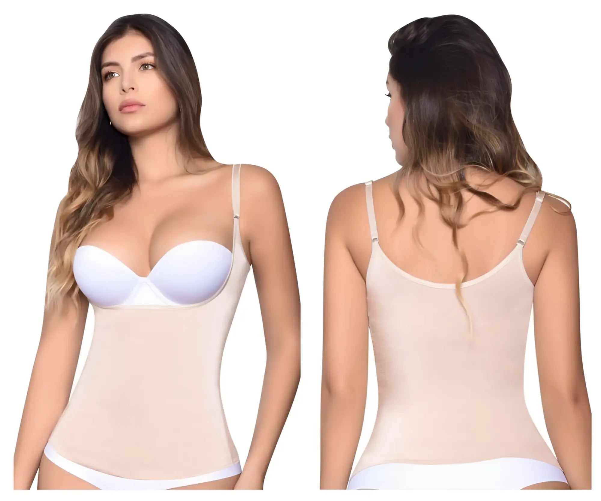 Beige vedette 5087 firm control tank-top with underwire bra featuring white straps and matching white trim in nude color