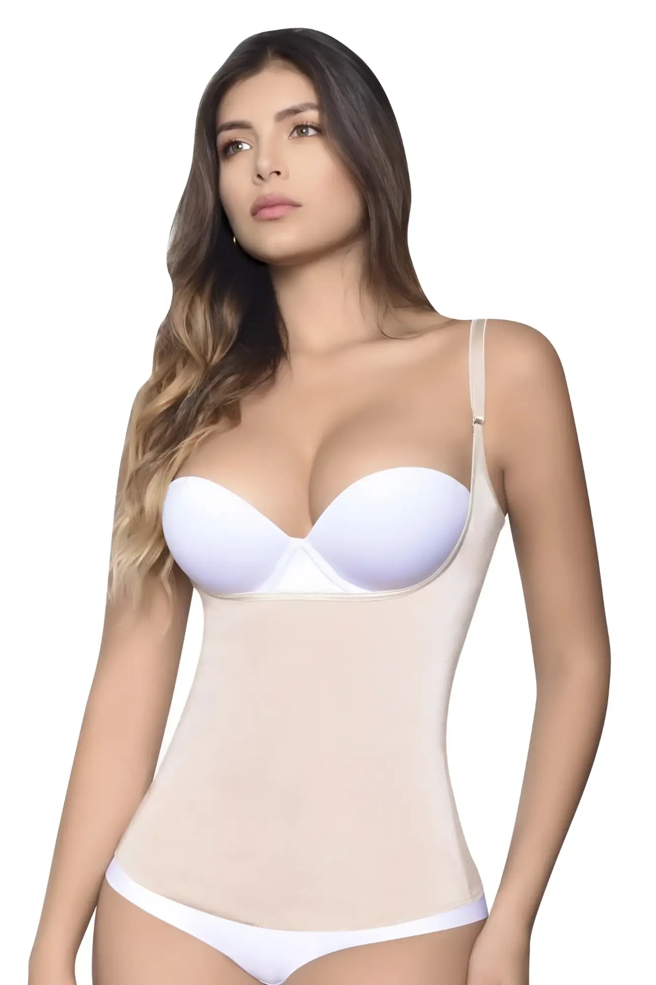 White and beige vedette 5087 firm control tank-top shapewear set with structured bra and seamless nude body-shaping panel