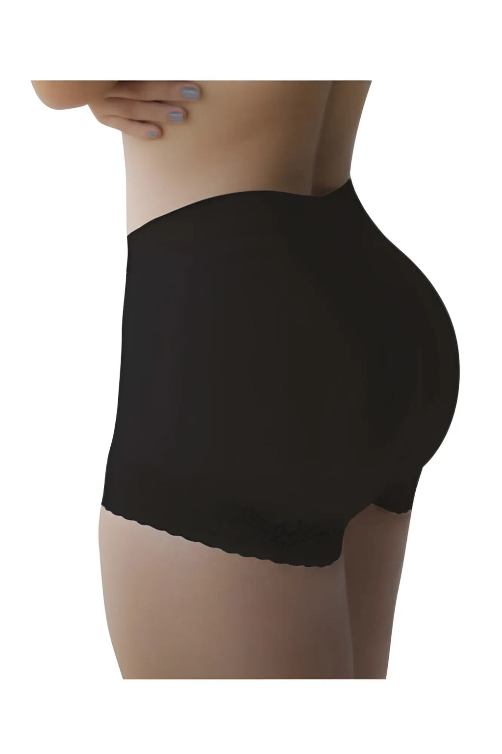 Black vedette 5092 butt lifter high-waisted shapewear briefs with scalloped hem shown from the back side
