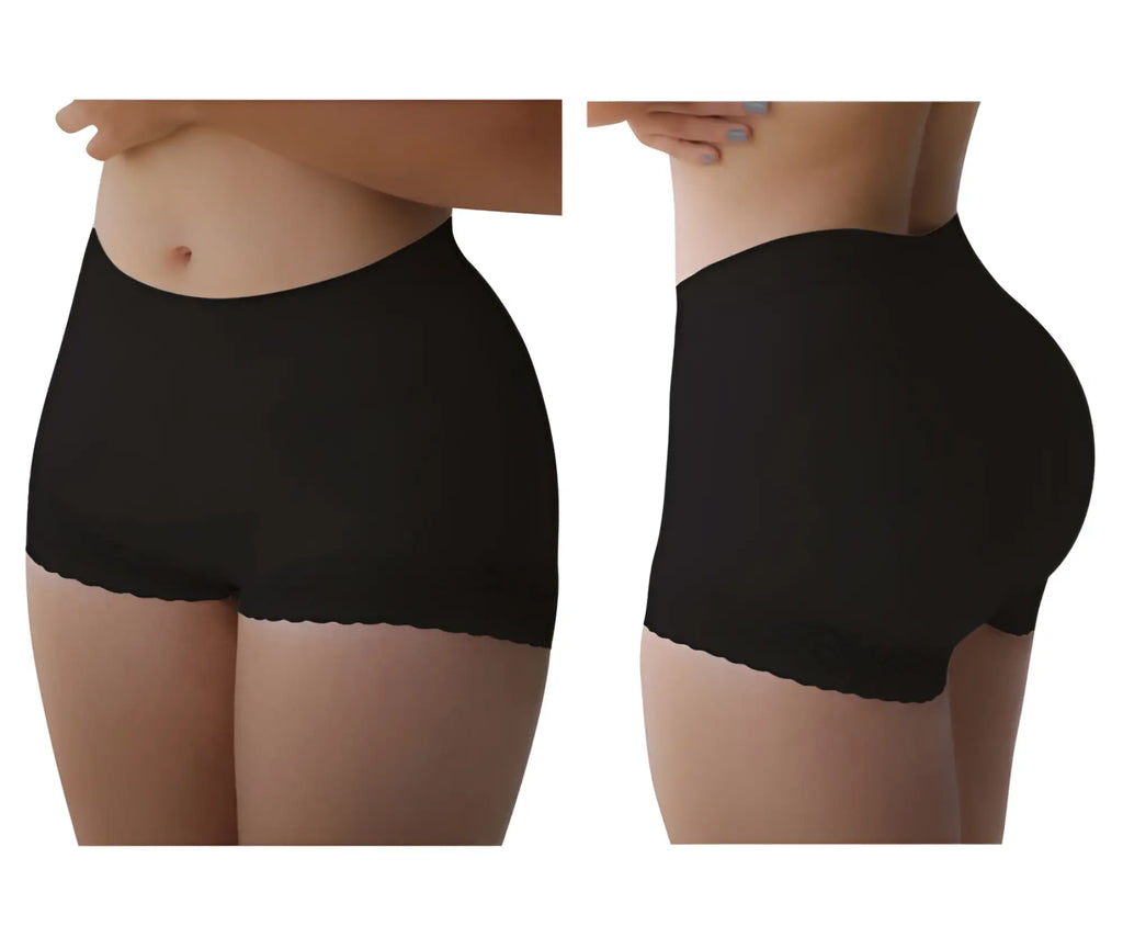 Black vedette 5092 butt lifter high-waisted shaper shorts with scalloped hemline shown from back