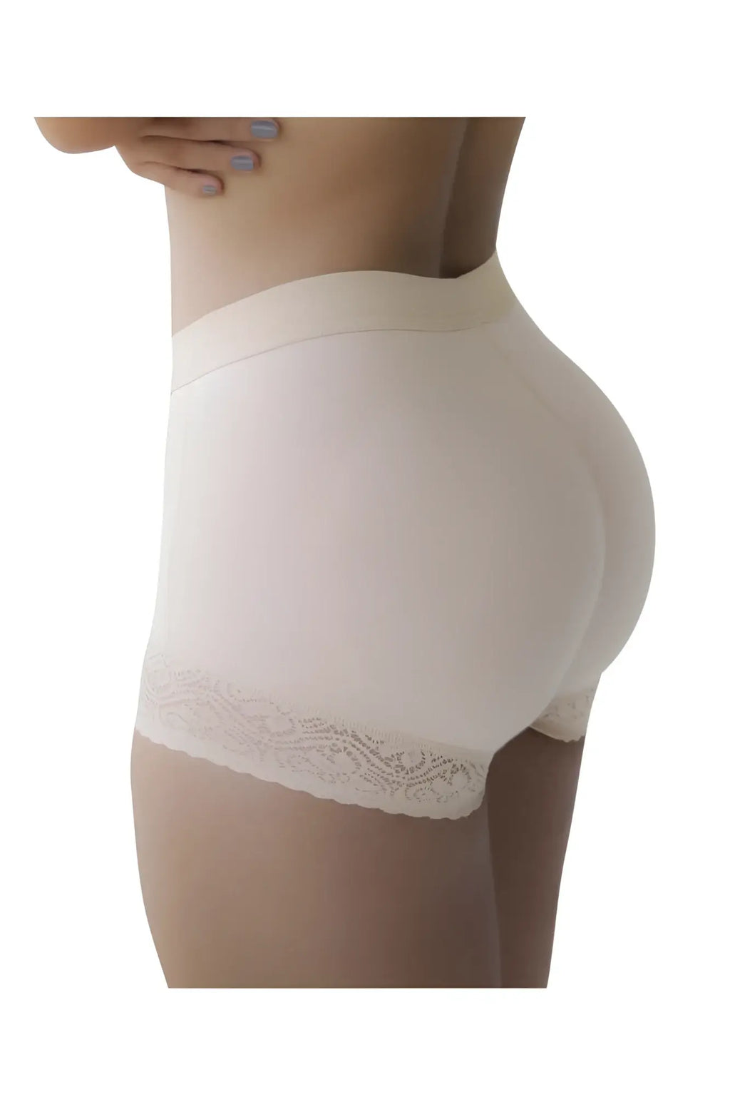 Cream-colored nude vedette 5092 butt lifter high-waisted briefs with delicate lace trim at leg openings