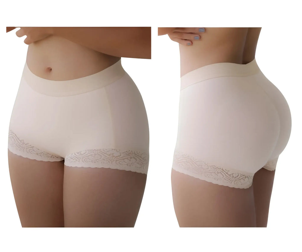 Cream-colored nude vedette 5092 butt lifter shaper short underwear with high waist and delicate lace trim on leg openings