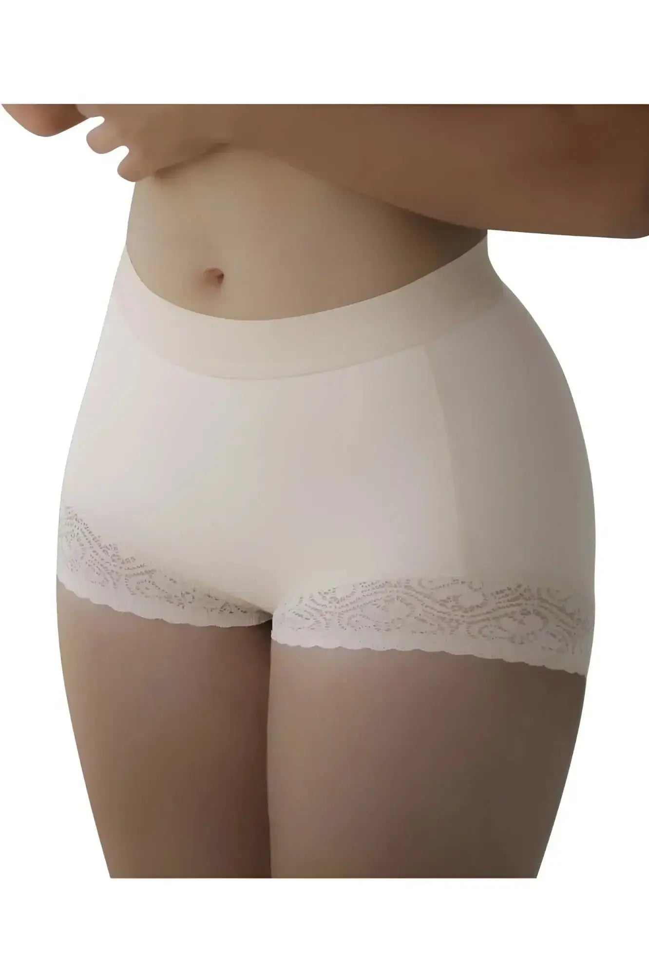Cream-colored vedette 5092 high-waisted butt lifter shaper short with delicate lace trim in nude color