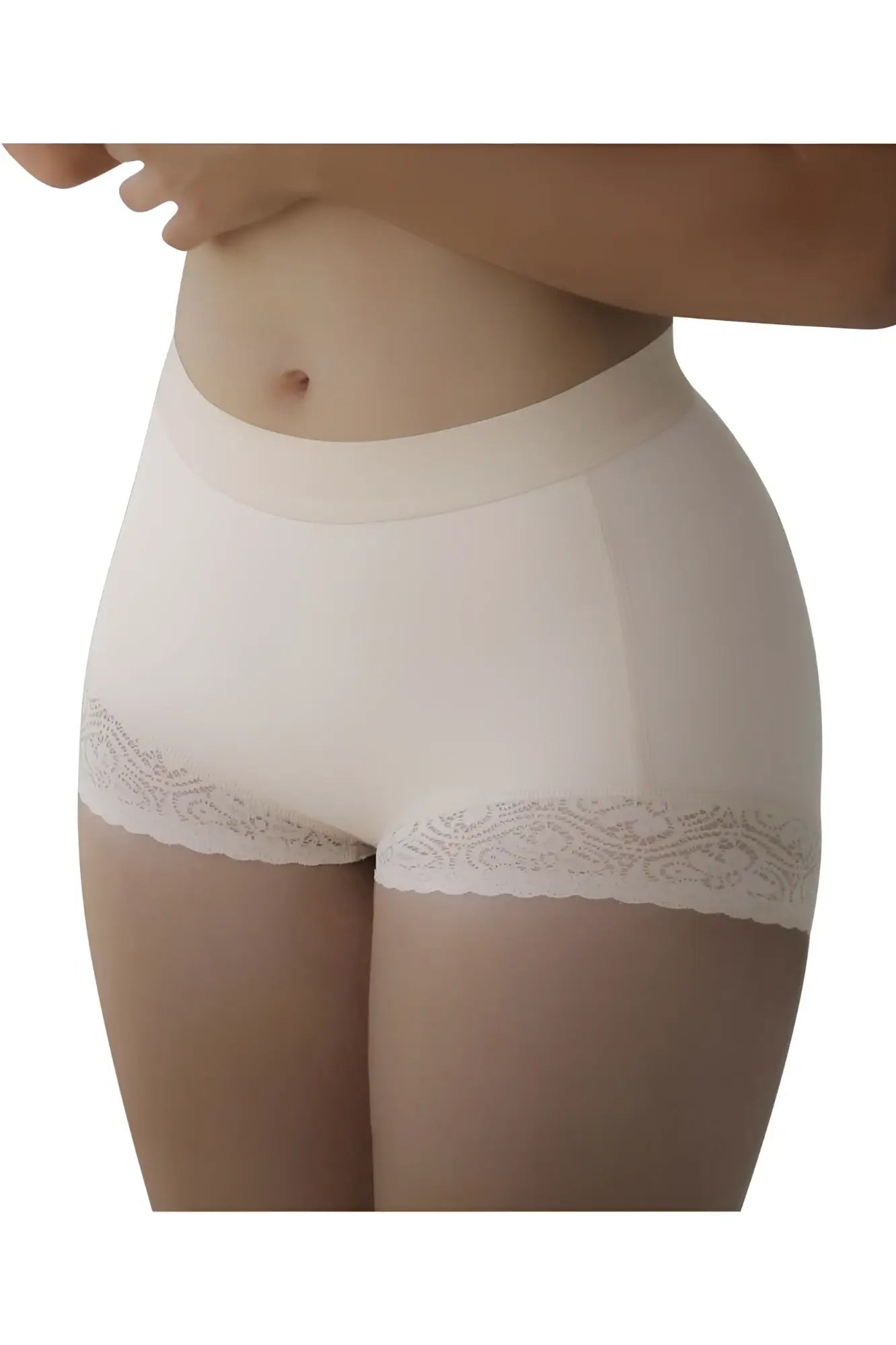 Cream-colored vedette 5092 high-waisted butt lifter shaper short with delicate lace trim in nude color