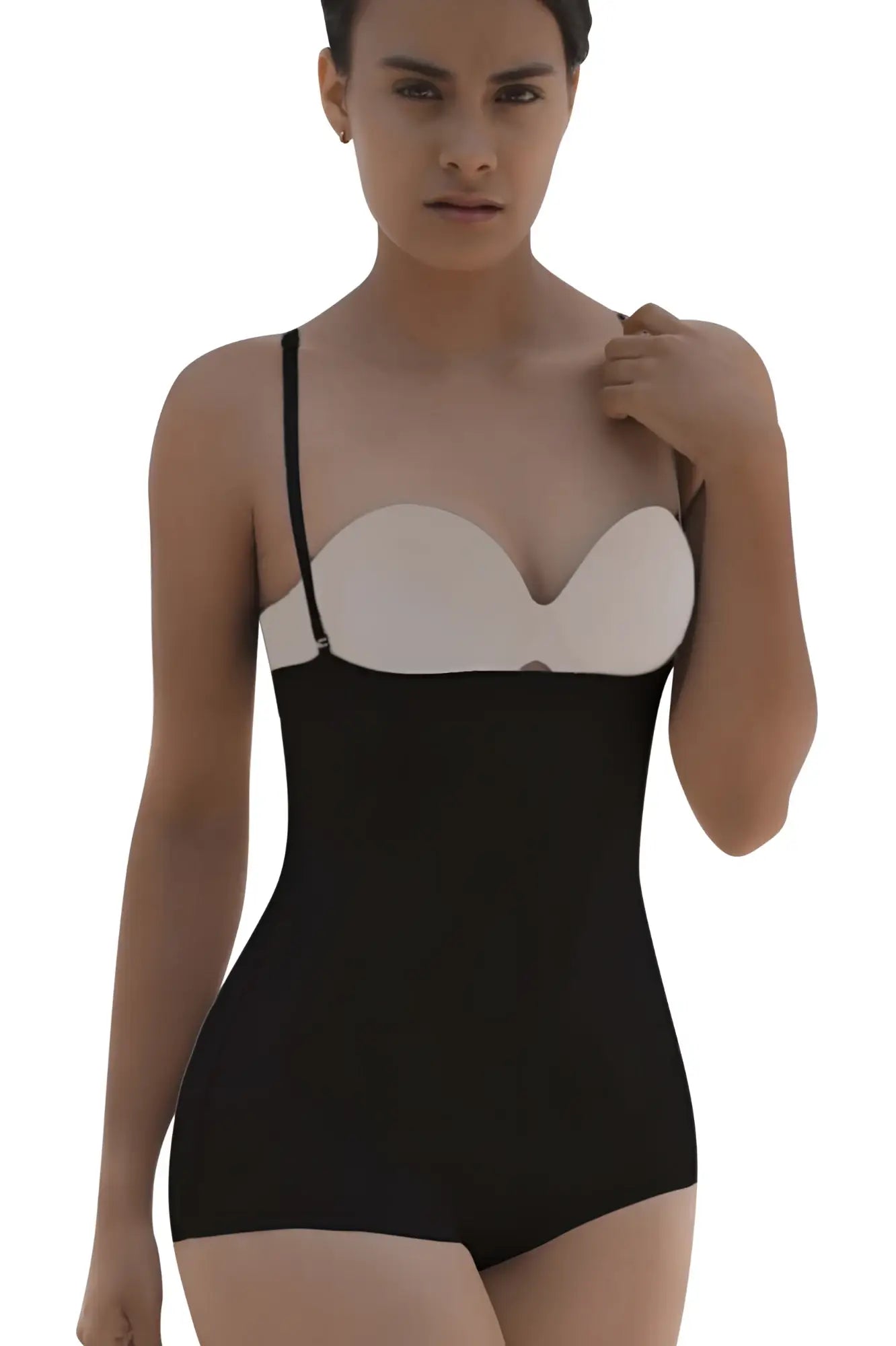 Black and white vedette 5099 strapless seamless bodycon bodysuit with form fitting design and butt lifter feature