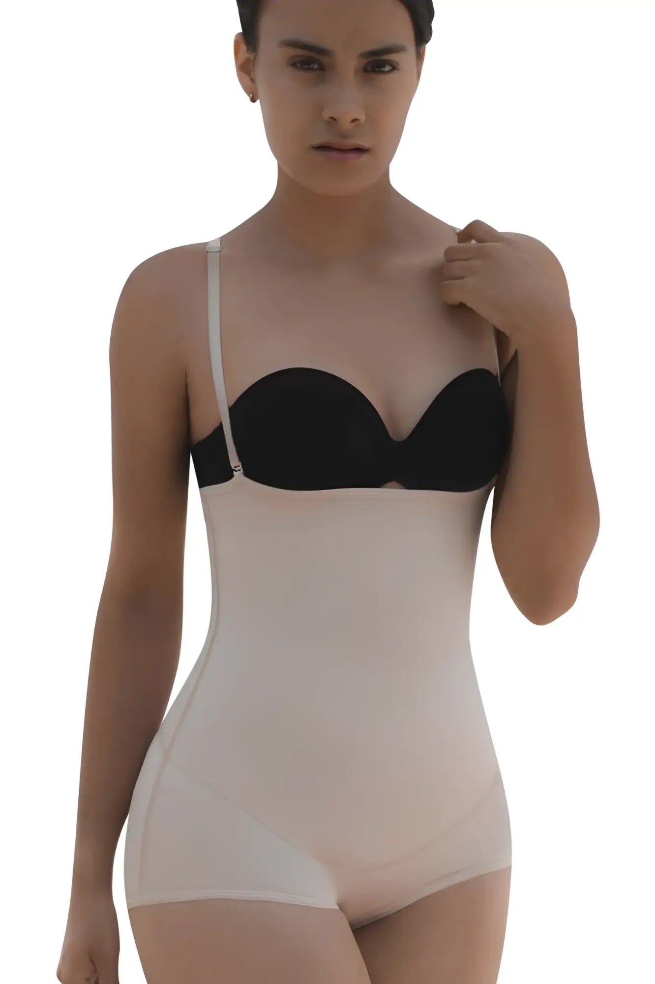 Black and beige vedette 5099 strapless body shaper butt lifter with thin straps and nude color shapewear bodysuit