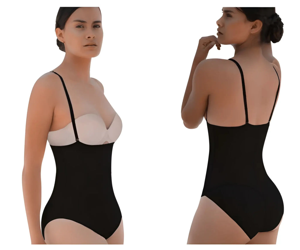 Black vedette 5108 strapless body shaper butt lifter with form-fitting design thin straps and white underwire bra insert