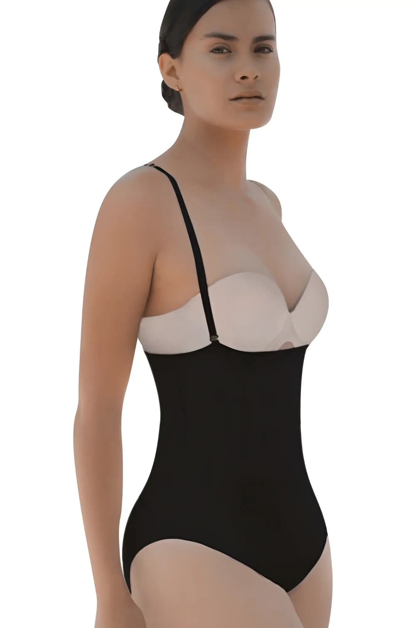 Black and white one-piece bodycon swimsuit with thin straps and strapless bodysuit butt lifter in black color