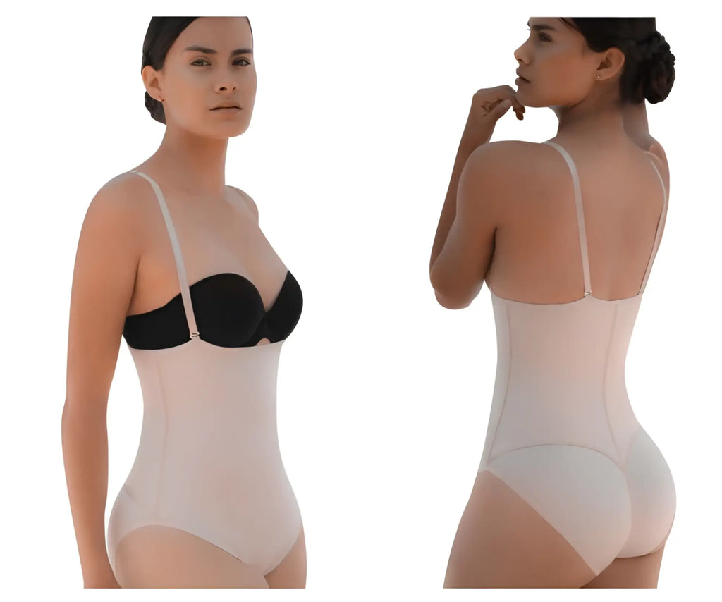 Black and beige vedette 5108 strapless body shaper with adjustable straps and butt lifter in nude color front view