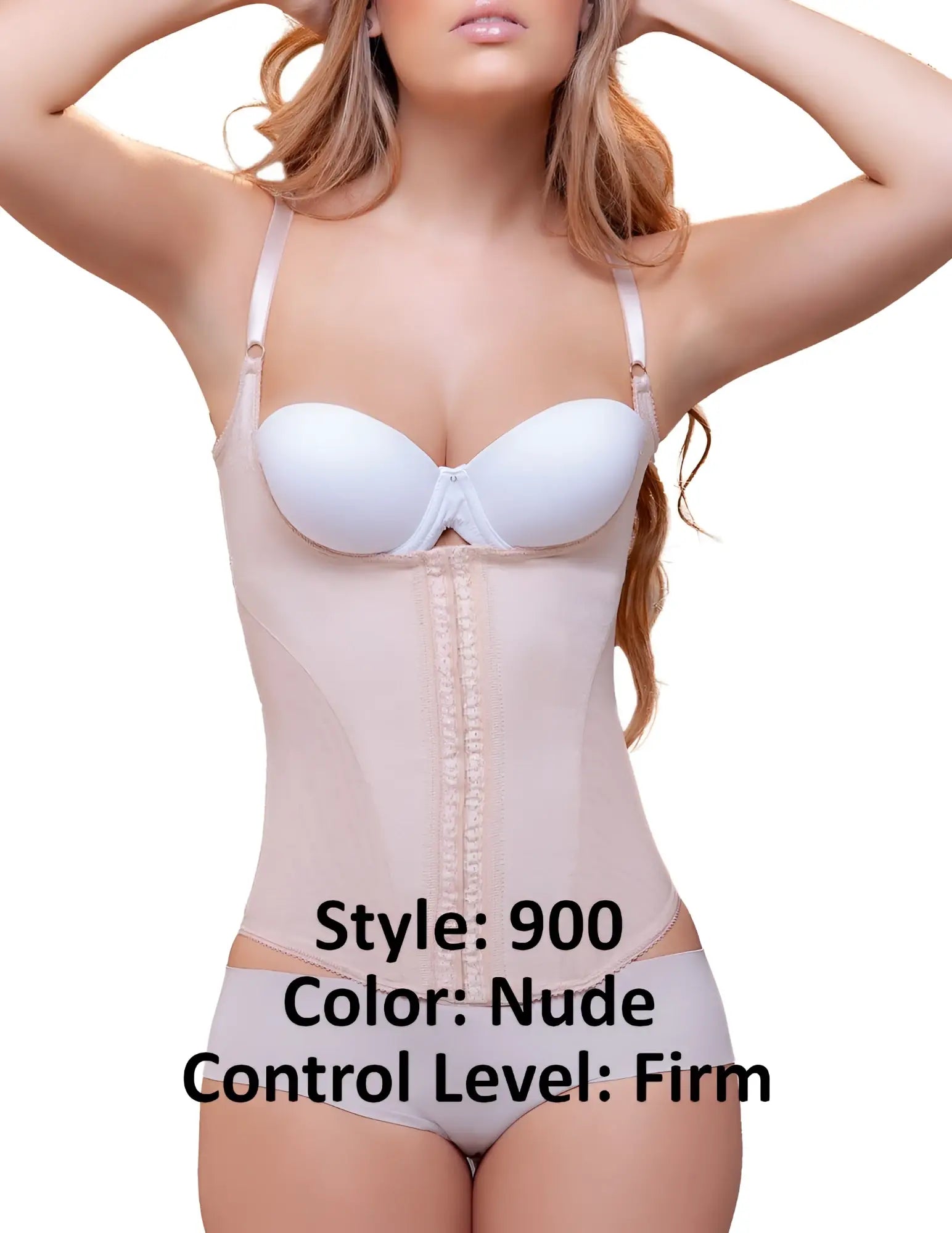 Nude firm-control vedette 900 belle underbust corset with white underwire bra and lace trim down the front