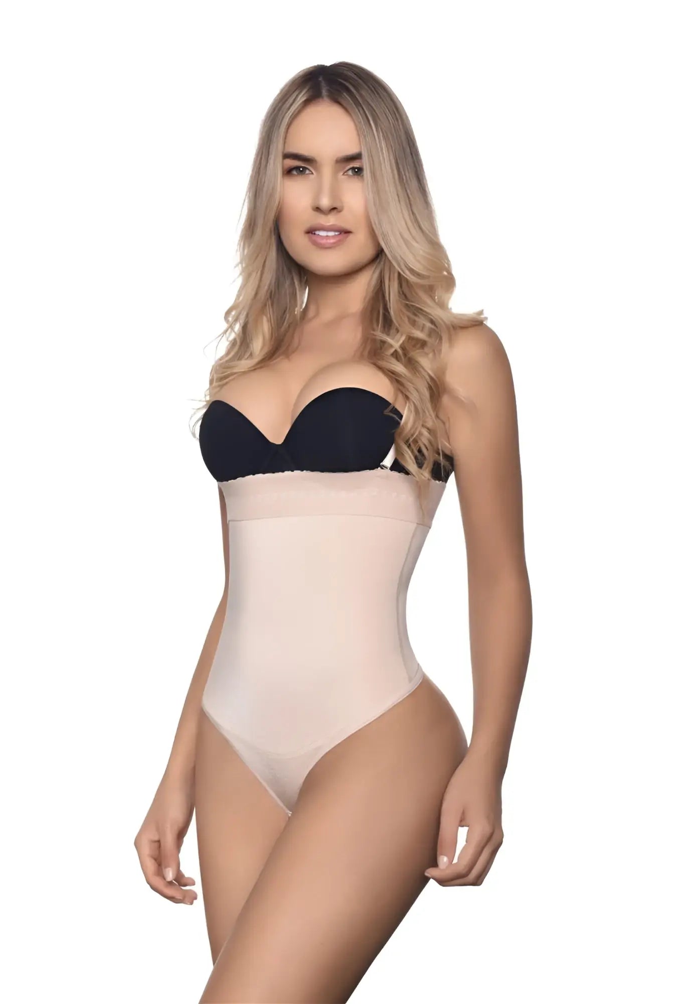 Vedette 906 julie strapless thong shapewear in nude features a beige and black smooth, form-fitting body shaper design