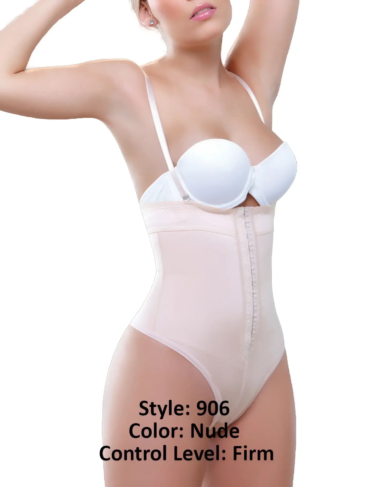 Nude Vedette 906 Julie strapless thong shapewear with firm-control waist shaper white underwire bra cups zipper closure