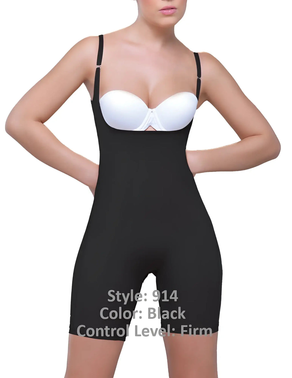 Black vedette 914 amelie open bottom mid thigh firm control bodysuit with thin straps and white bra cup underneath