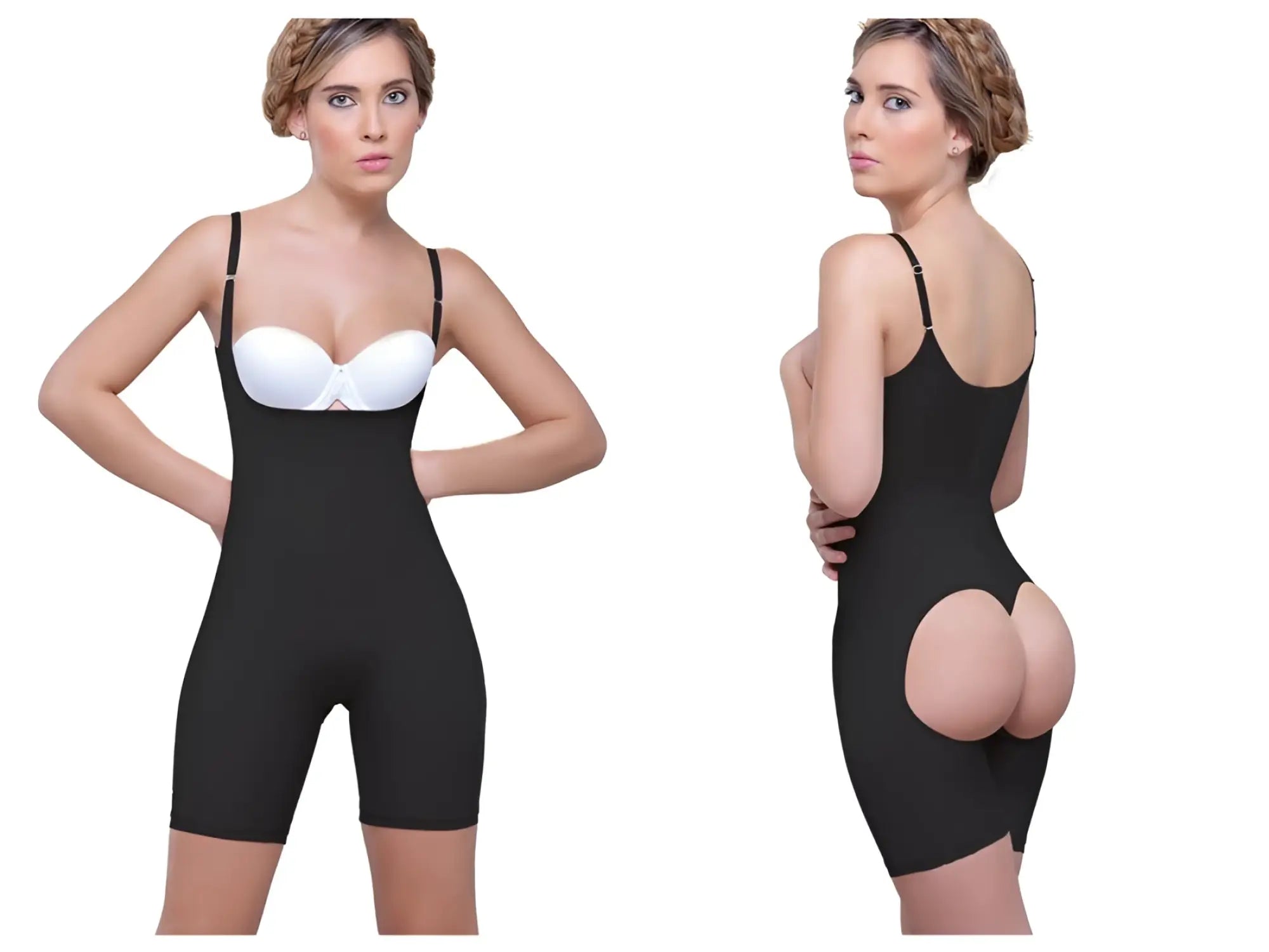 Black vedette 914 amelie shapewear bodysuit with thin straps and white bra insert for mid thigh shaping
