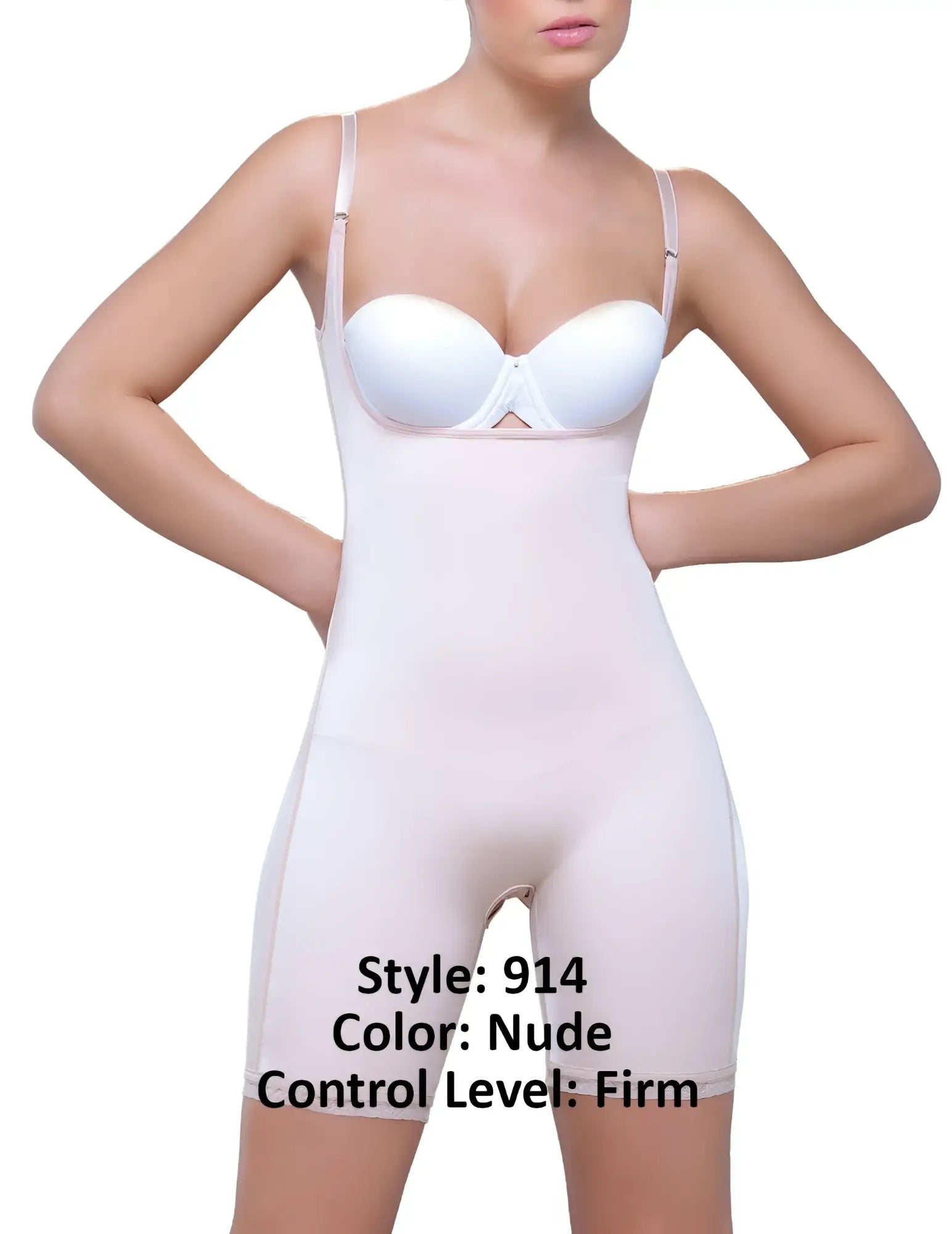 Nude-colored firm-control shapewear bodysuit with thin straps and built-in white bra vedette 914 amelie mid thigh