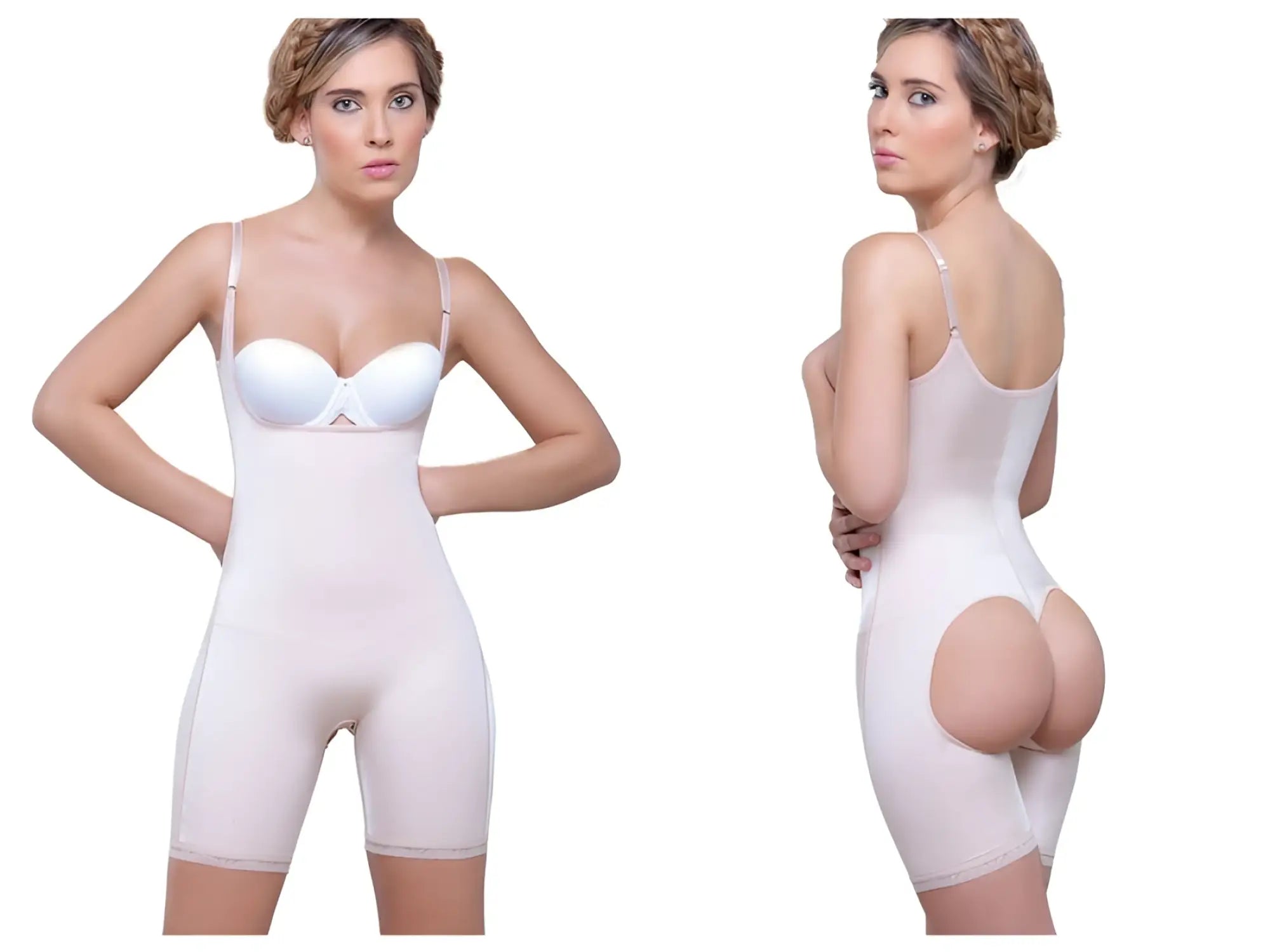Vedette 914 amelie nude seamless mid thigh shaper with thin straps and built-in bra cup body shaping garment