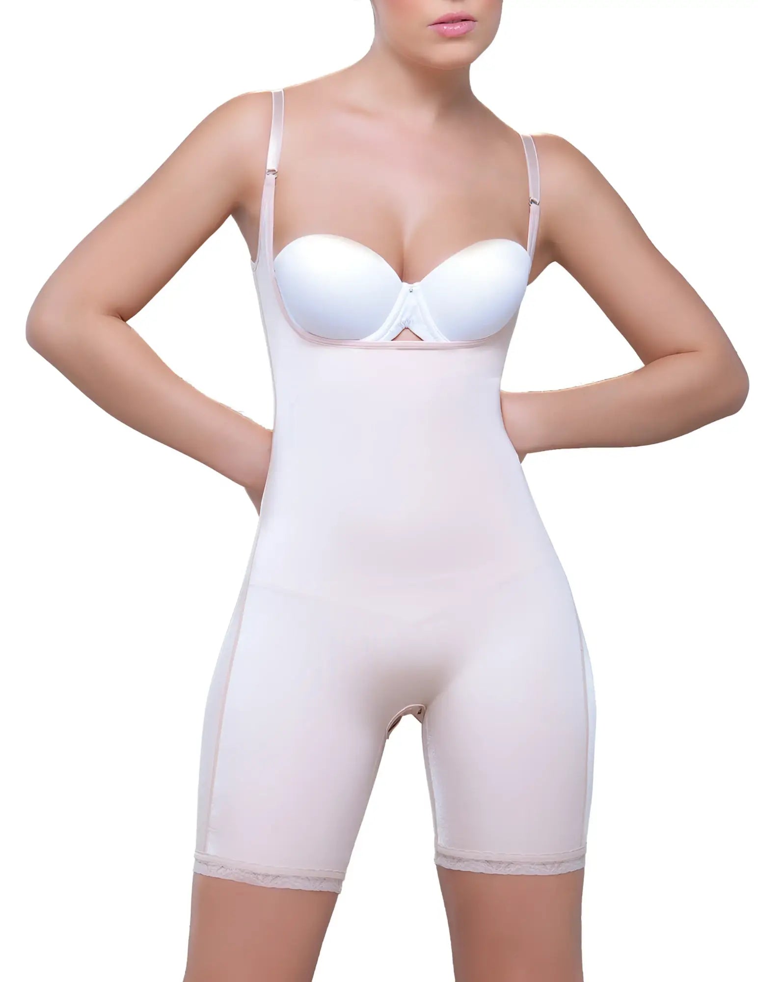 White seamless vedette 914 amelie nude body shaper with thin straps built-in bra and open bottom mid thigh design