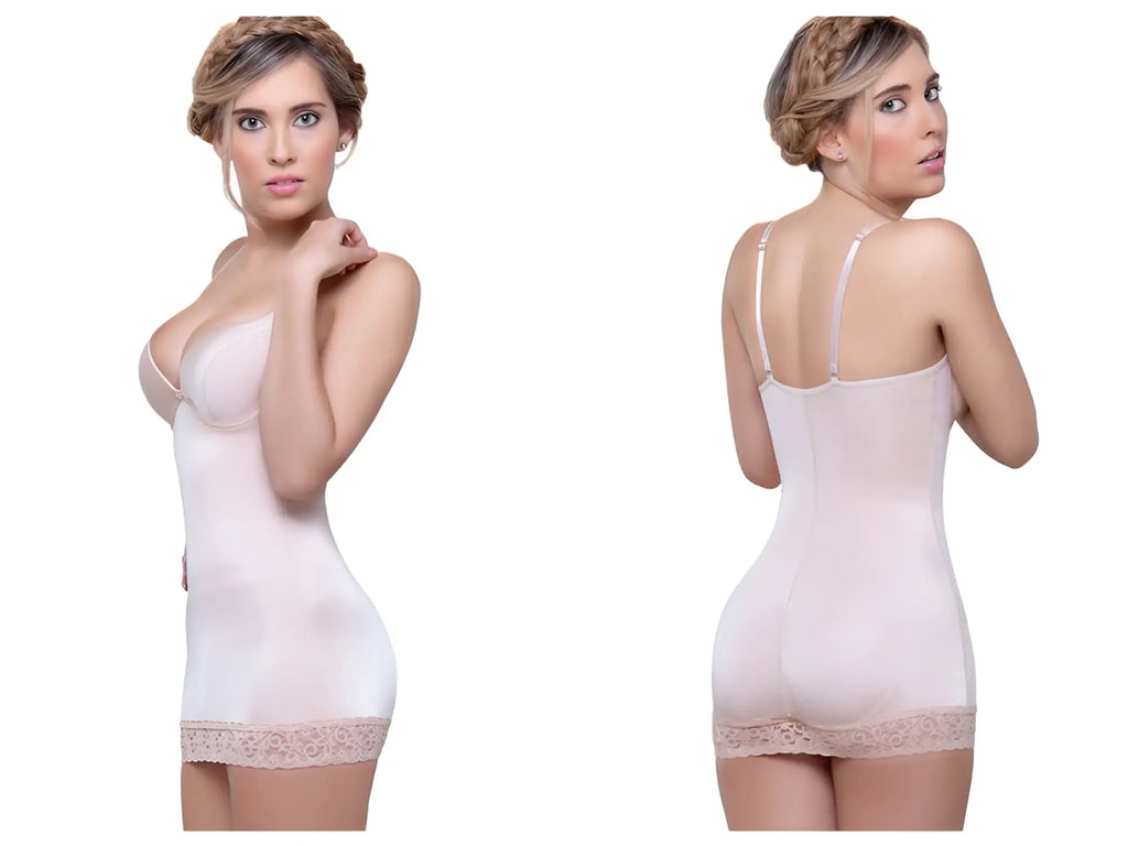 Vedette 917 Abella shaping skirt bodysuit nude color with form-fitting design and delicate lace trim hemline