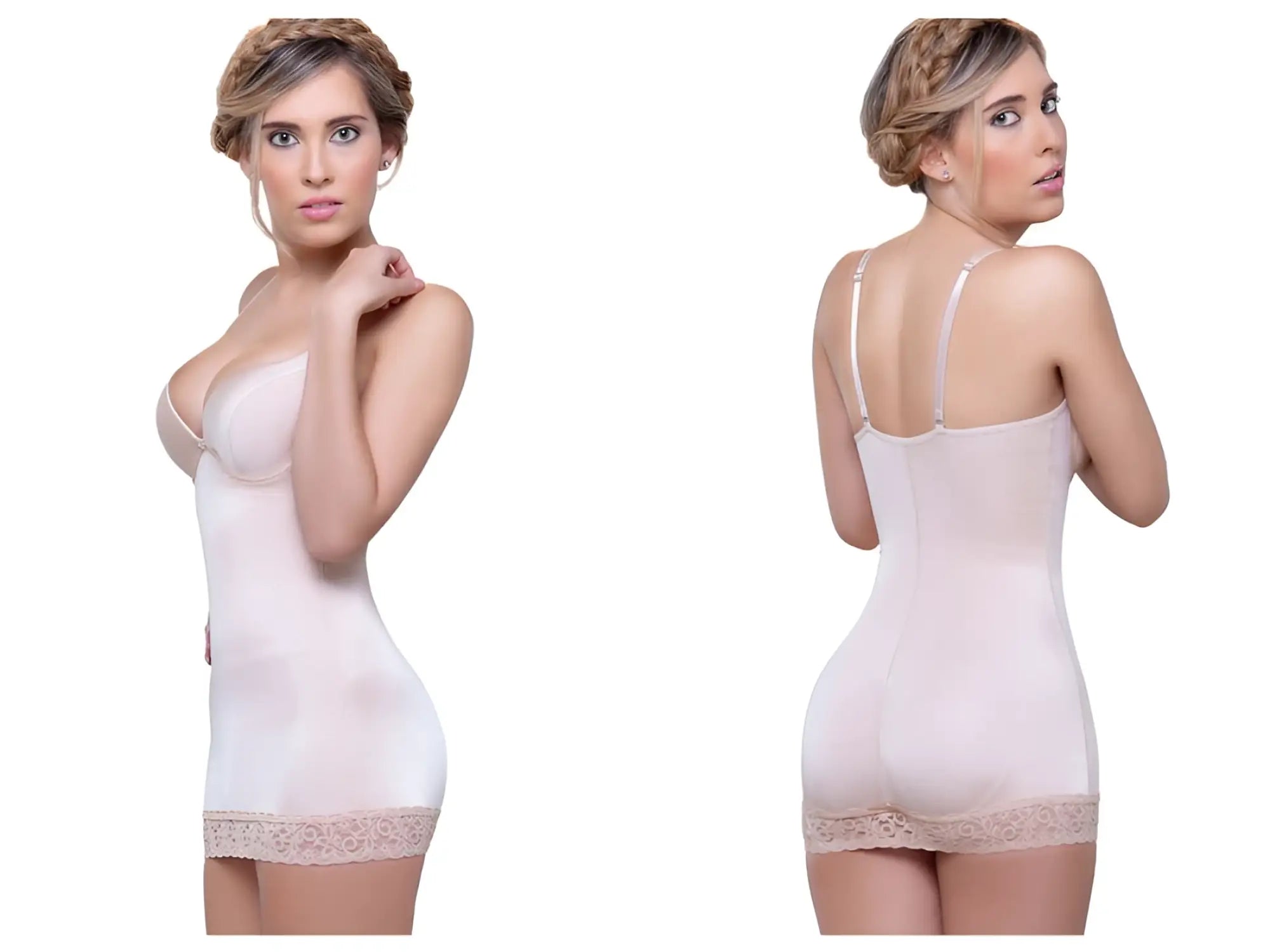 Vedette 917 Abella shaping skirt bodysuit nude color with form-fitting design and delicate lace trim hemline