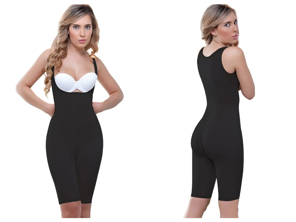 Vedette 938 full body control suit in black with high back features a form-fitting design and white bra insert