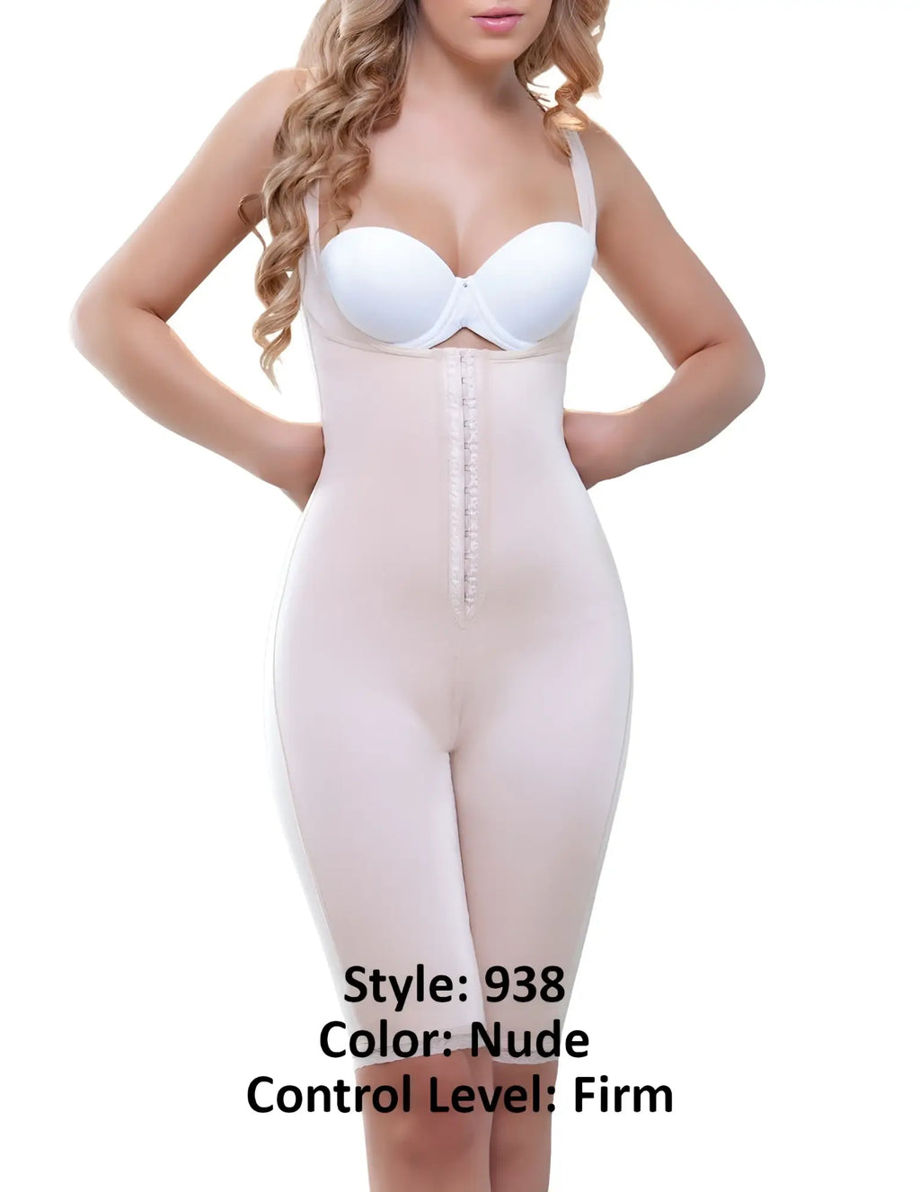 Nude-colored vedette 938 full body control suit with front zipper thin straps and firm shaping material