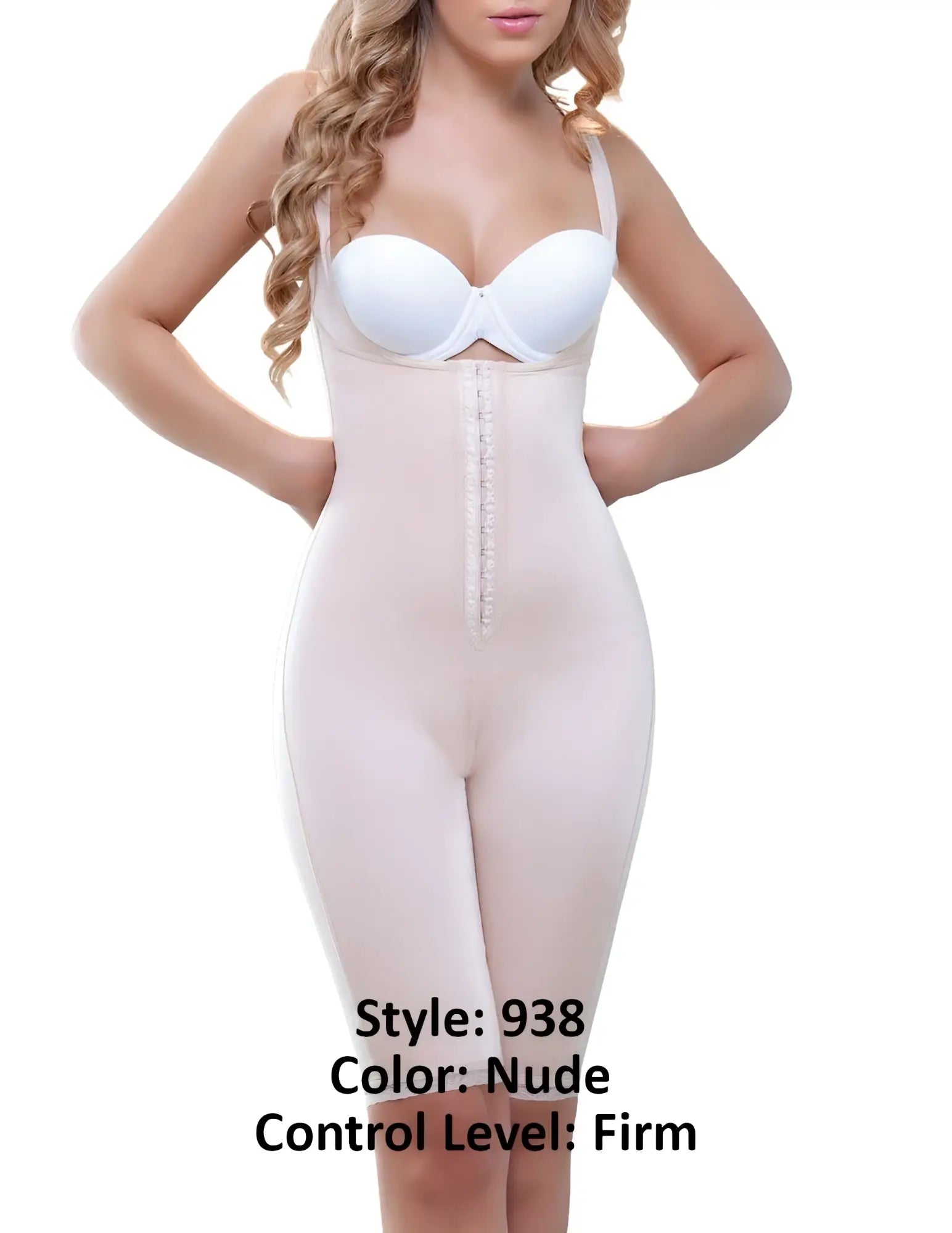 Nude-colored vedette 938 full body control suit with front zipper thin straps and firm shaping material