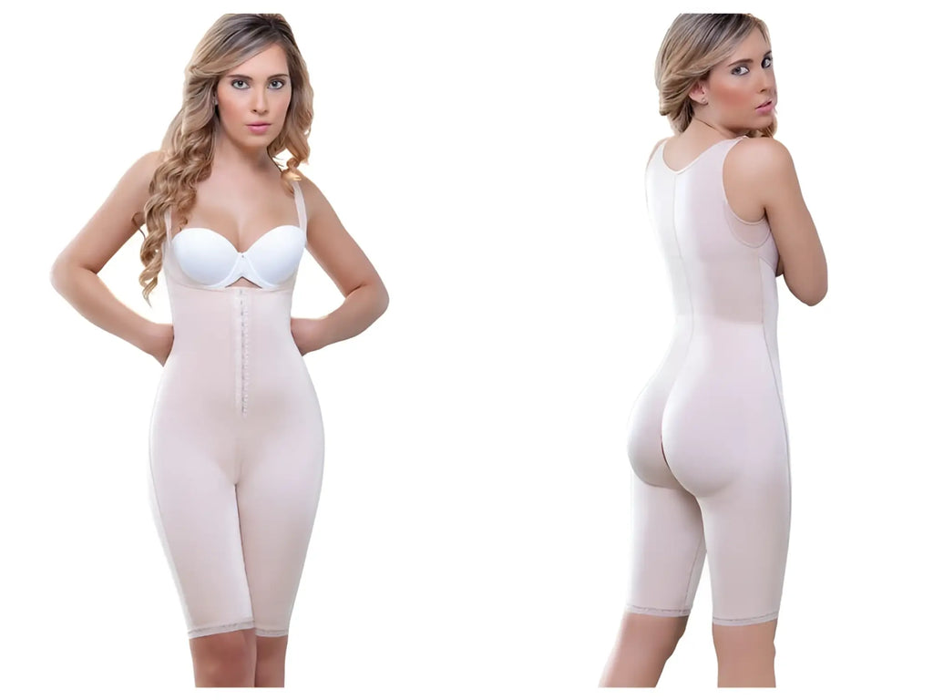 White seamless vedette 938 full body control suit with front zipper adjustable straps and high back in nude color