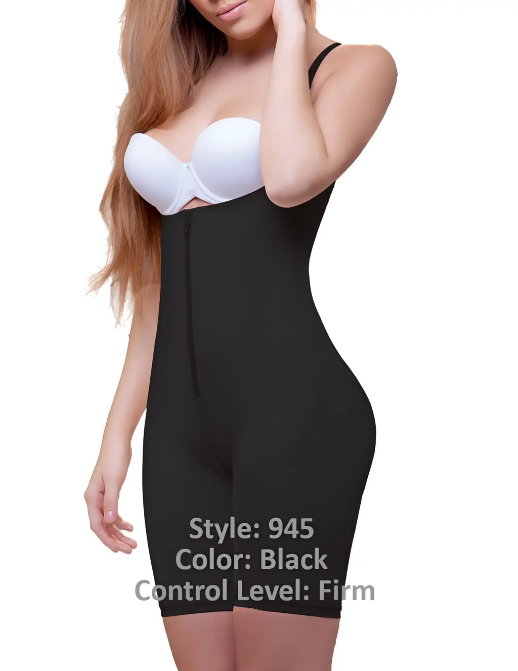 Black Vedette 945 Jiselle mid thigh full body firm control shaper with front zipper in sleek form-fitting design
