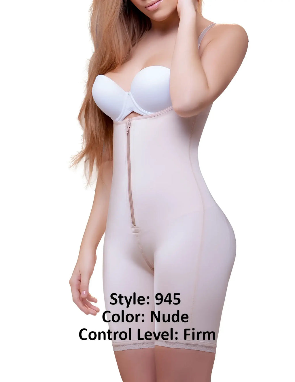 Nude vedette 945 jiselle mid thigh full body shaper with firm control front zipper and seamless design