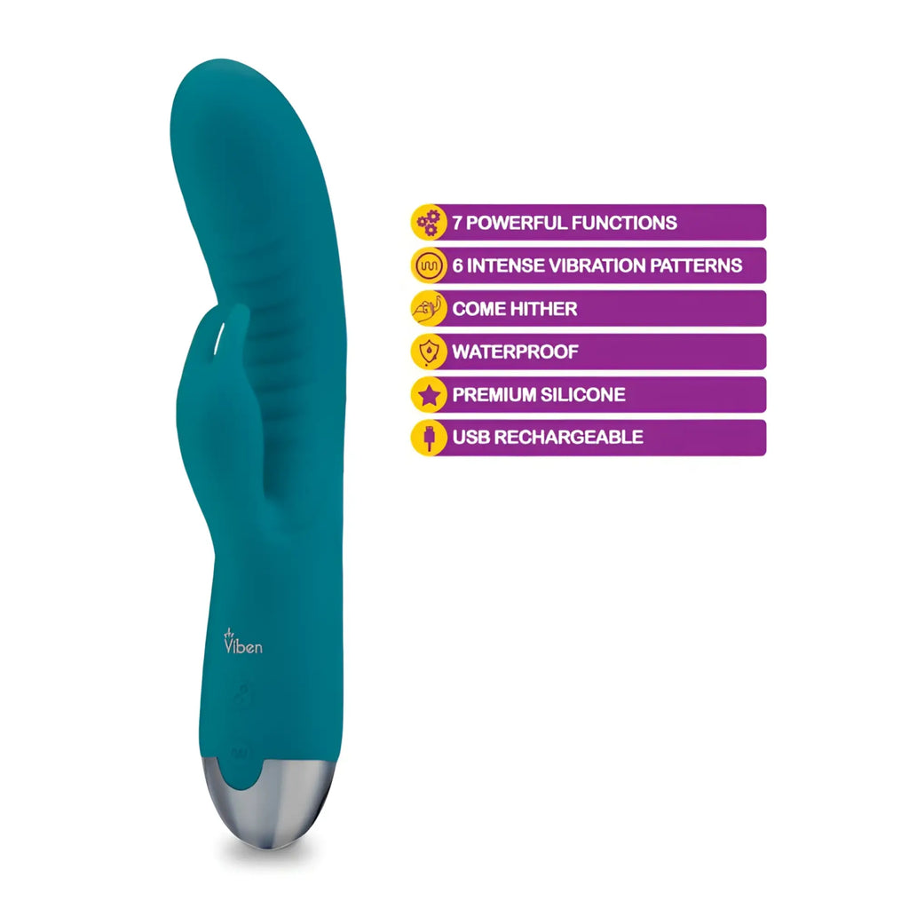 Teal premium silicone rabbit vibrator with silver metallic tip usb rechargeable from viben alluring come hither ocean