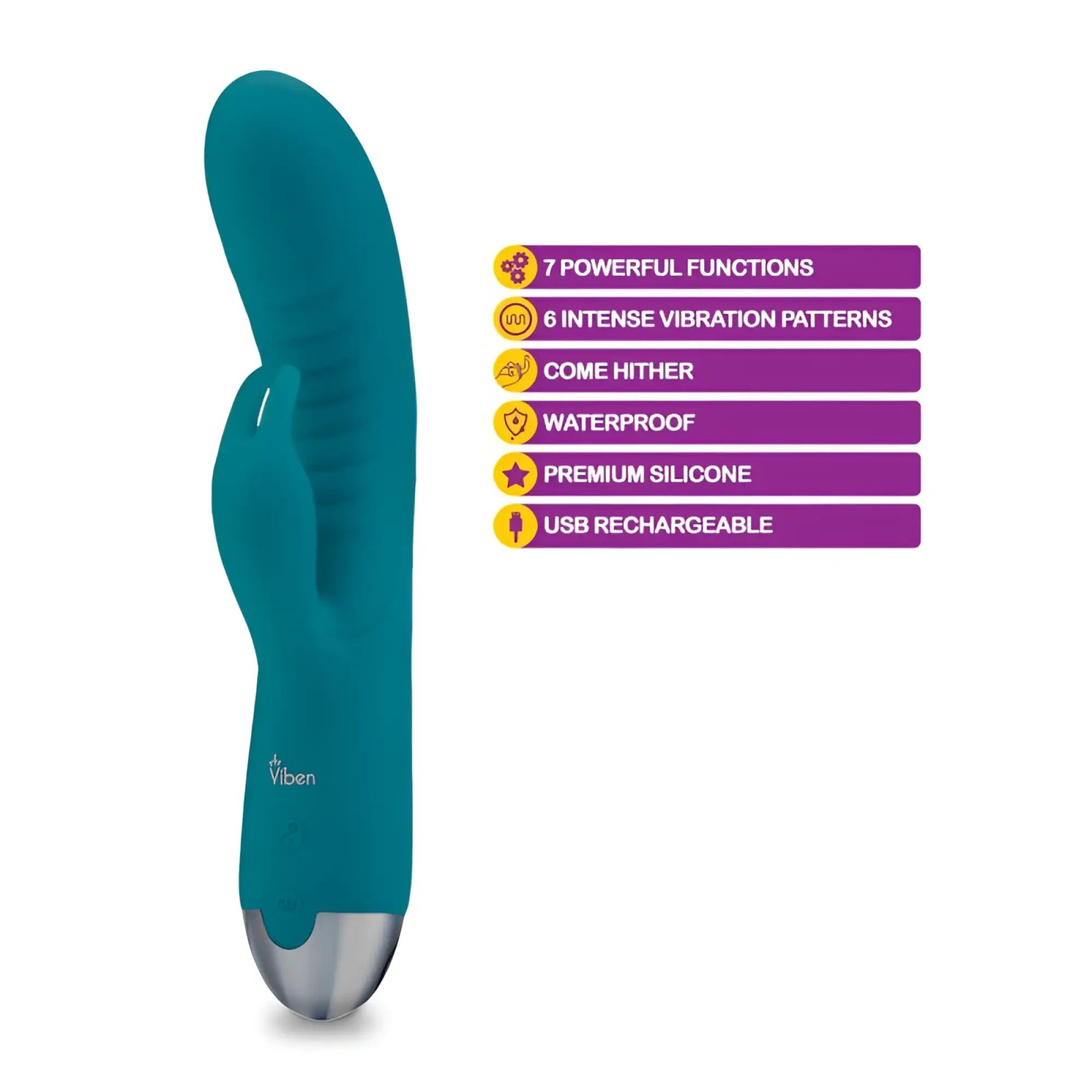 Teal premium silicone rabbit vibrator with silver metallic tip usb rechargeable from viben alluring come hither ocean