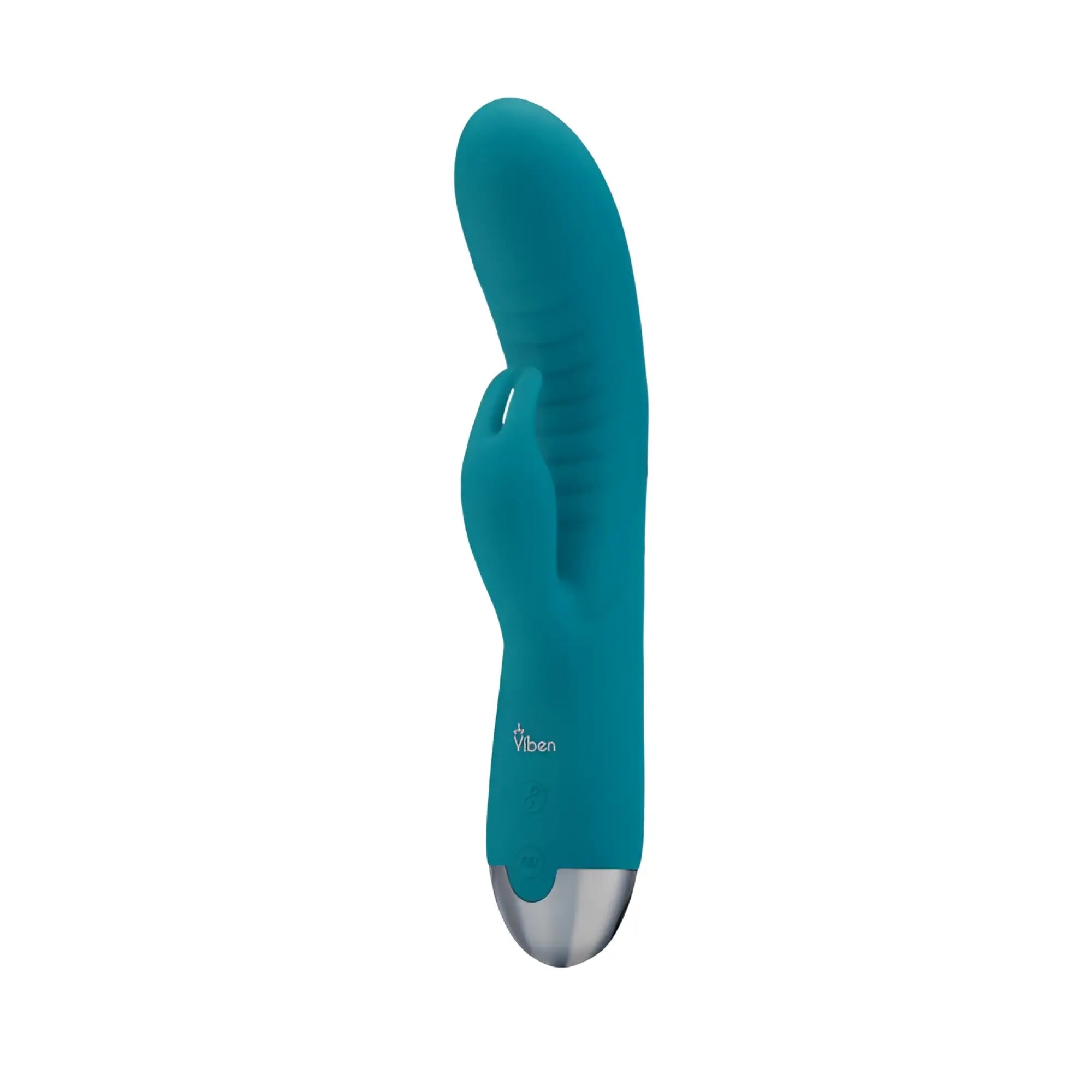 Teal silicone rabbit vibrator with silver metallic tip and viben logo from viben alluring come hither rabbit vibe ocean