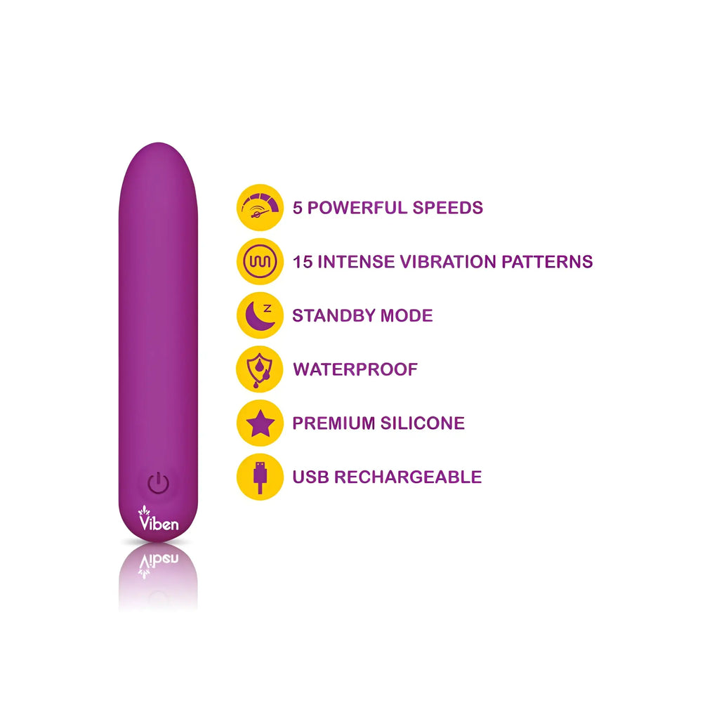Purple viben bombshell 5 speed mighty bullet personal vibration toy made of premium smooth silicone with usb charging