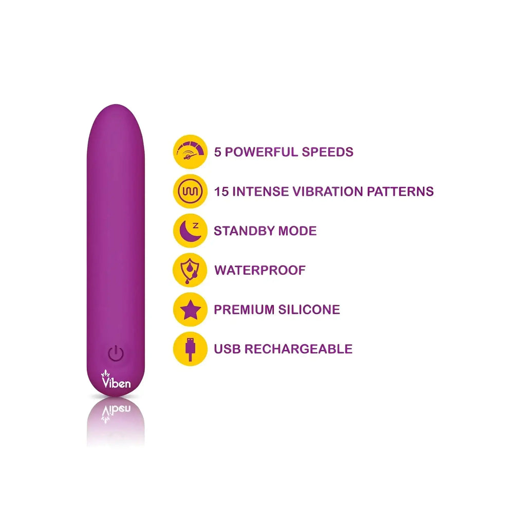 Purple viben bombshell 5 speed mighty bullet personal vibration toy made of premium smooth silicone with usb charging