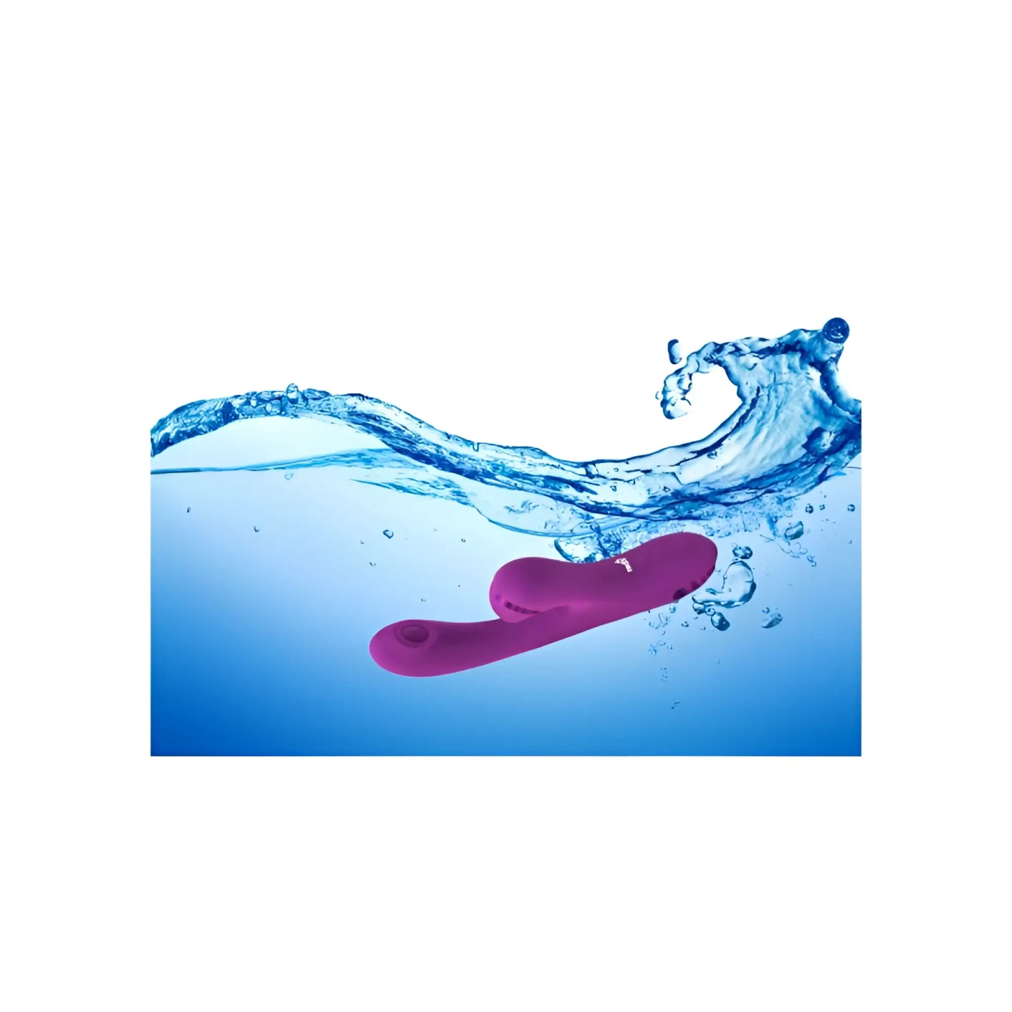 A vibrant magenta silicone rechargeable thumping rabbit toy with a smooth curved design floating underwater